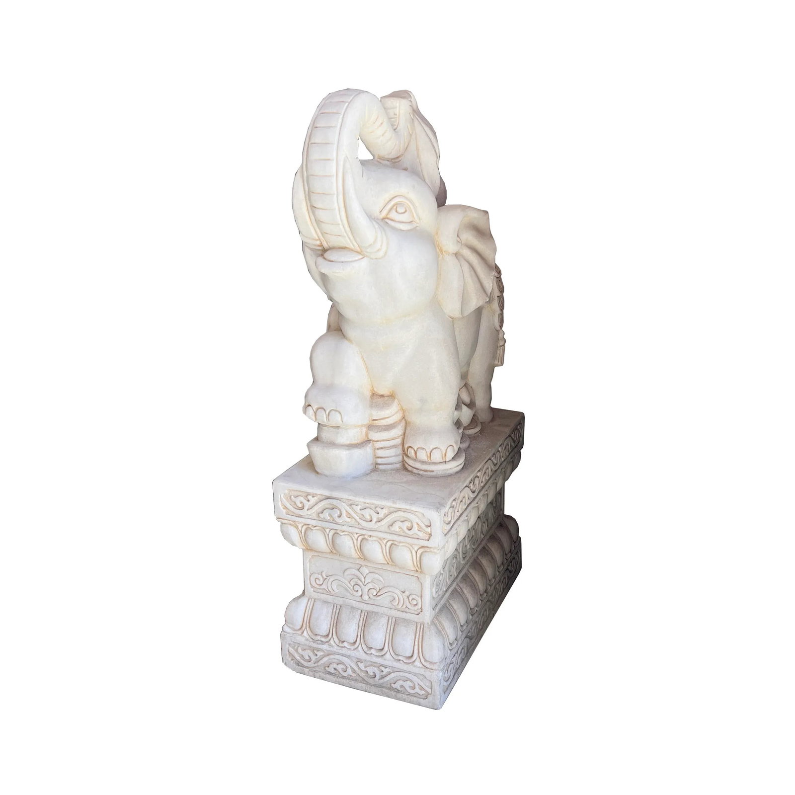 Chinese Pair White Marble Stone Fengshui Elephant Trunk Up Statues - 7