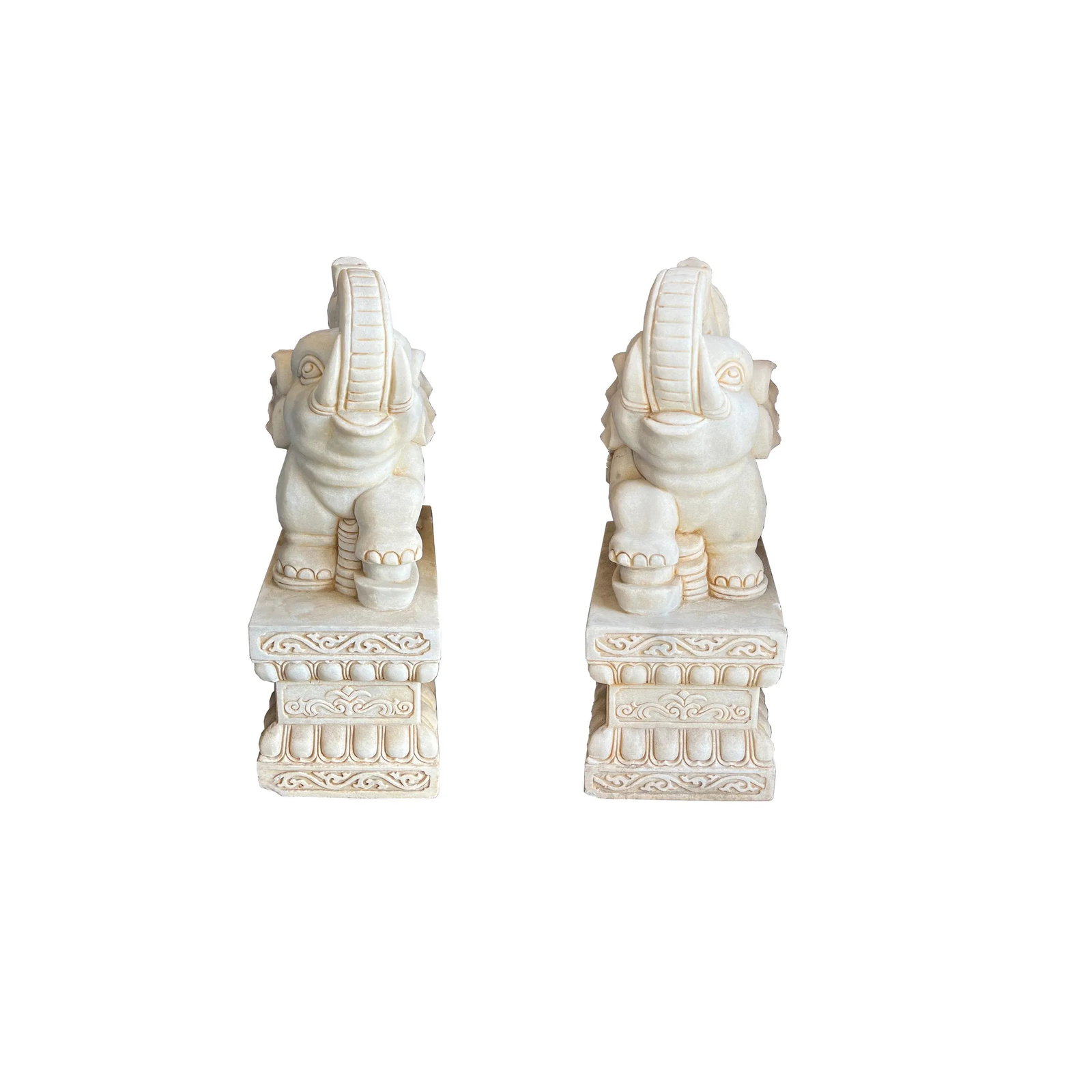 Chinese Pair White Marble Stone Fengshui Elephant Trunk Up Statues - 9