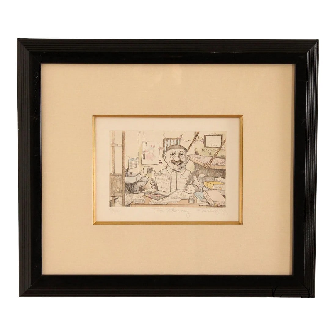 Charles Bragg 'Tax Attorney' Limited Edition Etching, Custom Framed: Vintage Original Print by Charles Bragg (American, 1931-2017), 'Tax Attorney', Numbered '43/100, Titled and Signed Along the Lower Margin, Dyansen Gallery Label en Verso, Custom Framed Condition: