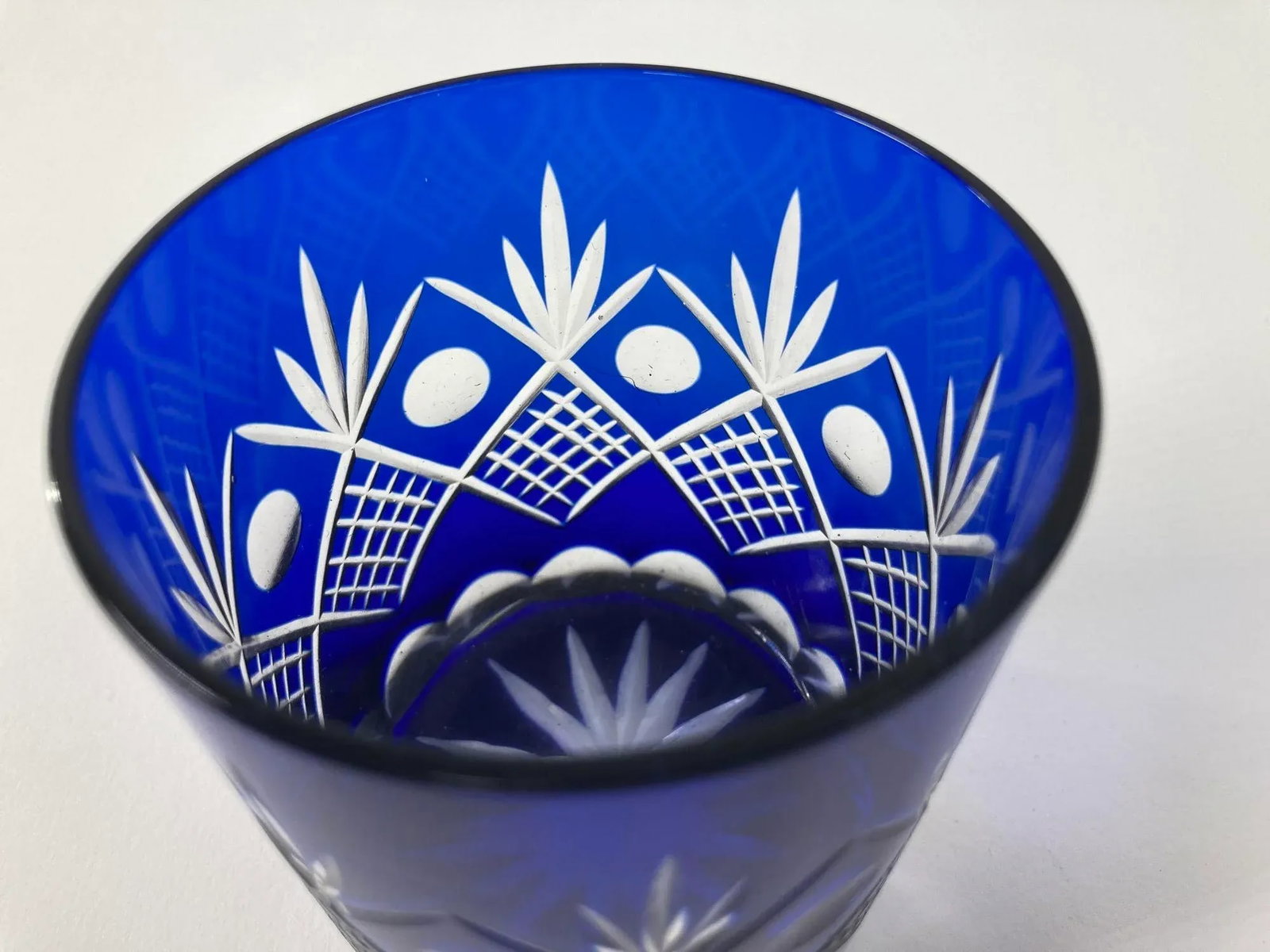 Whiskey Crystal Glasses Tumbler Baccarat Style Blue and Red Cut 1970s - 12