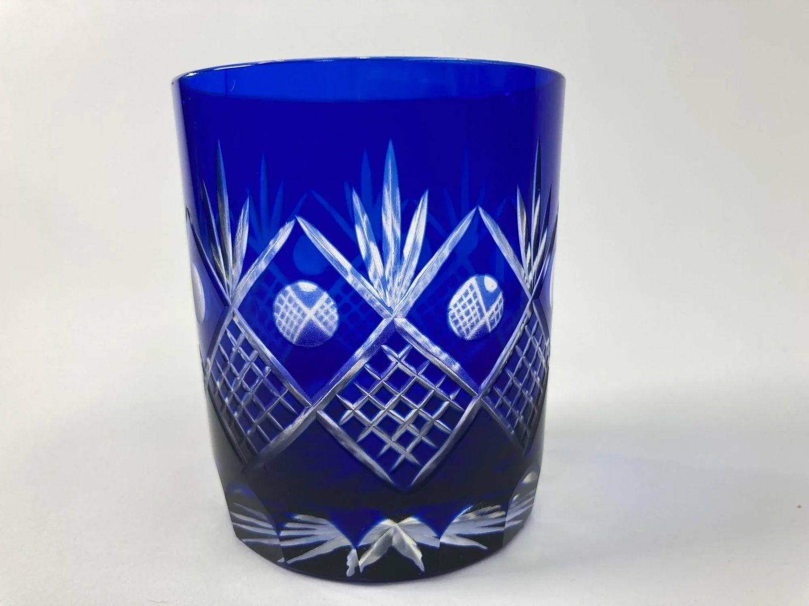 Whiskey Crystal Glasses Tumbler Baccarat Style Blue and Red Cut 1970s - 4