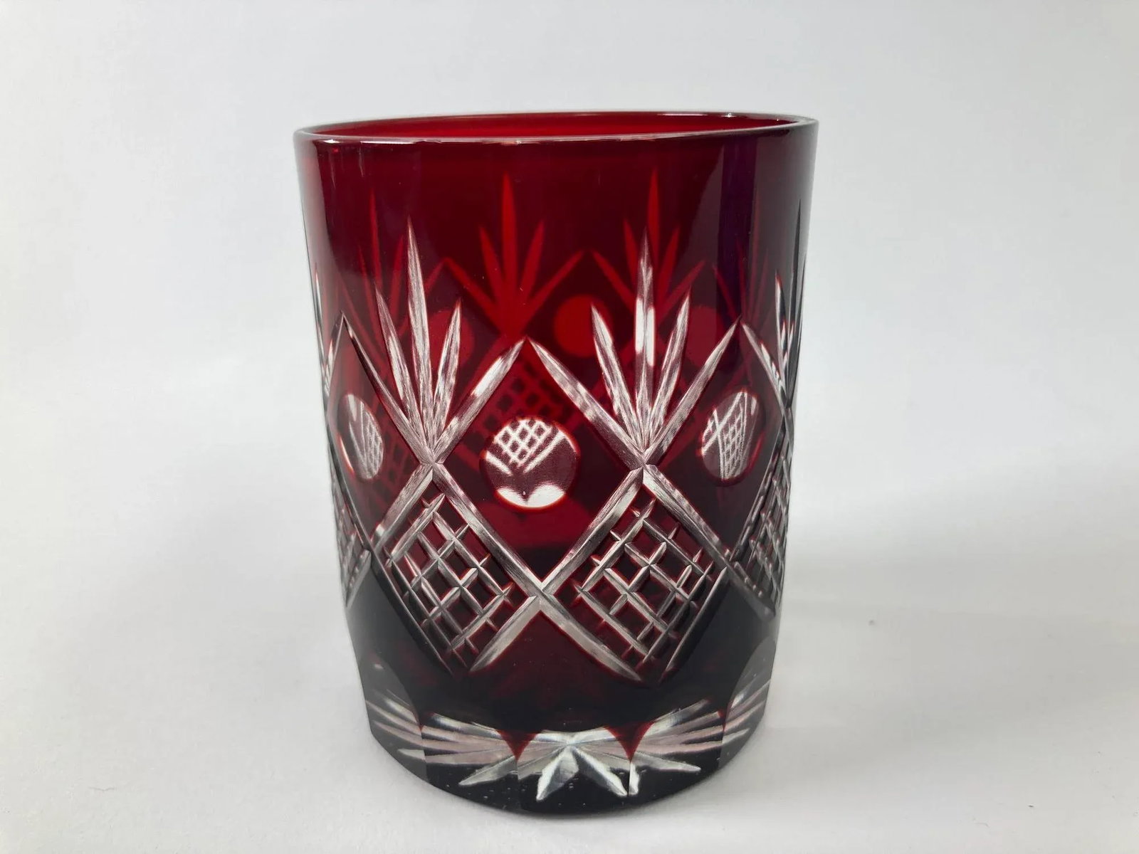 Whiskey Crystal Glasses Tumbler Baccarat Style Blue and Red Cut 1970s - 8