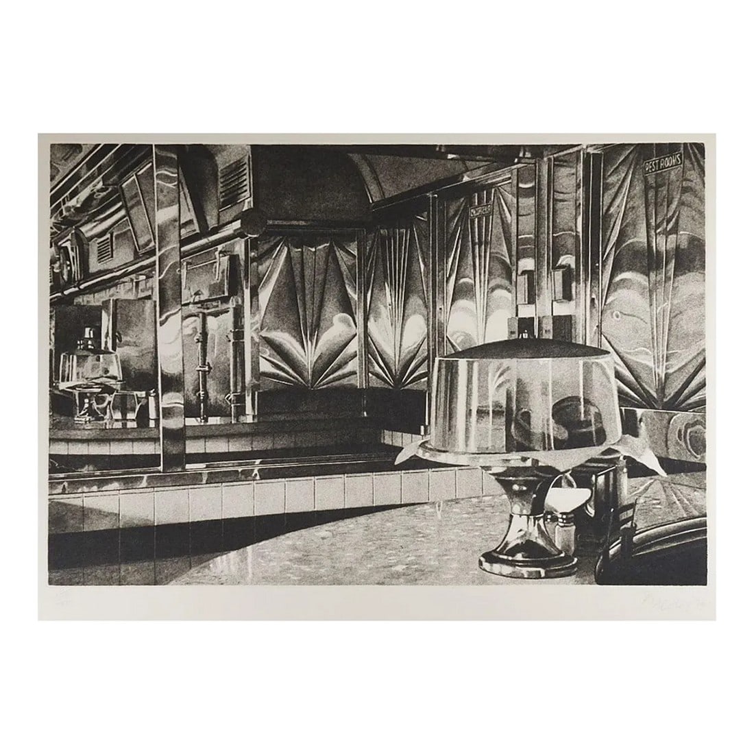 1979 John Baeder Interior Curlys Diner Photo Realism Mezzotint: Vintage 1979 photo realist mezzotint on cream colored paper in seipia tones of art deco diner interior by John Baeder (b. 1938) American. Indoor Curly's Diner scene, signed, numbered 186/200 in