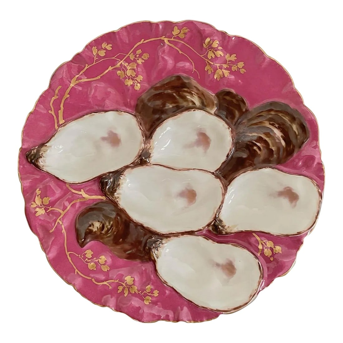 19th Century Haviland Limoges Turkey Oyster Plate: A 19th Century French turkey oyster porcelain plate with five white wells on raspberry pink ground. Decorated with delicate hand-painted gilt branches and gilt trimmed ruffled rim. Mark on back: