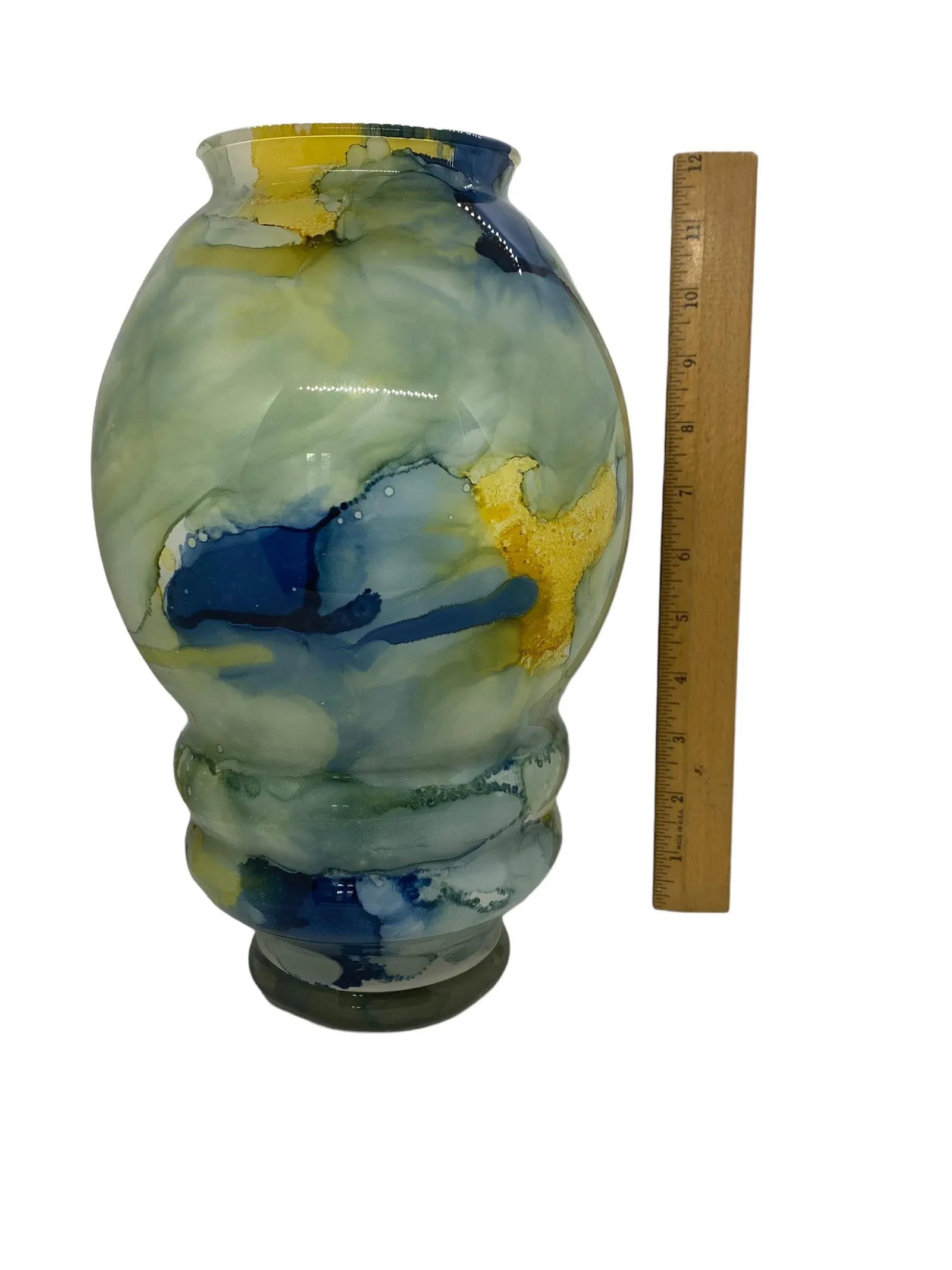Contemporary Modern Art Glass Vase With Blues Greens and Yellows, Unsigned - 10