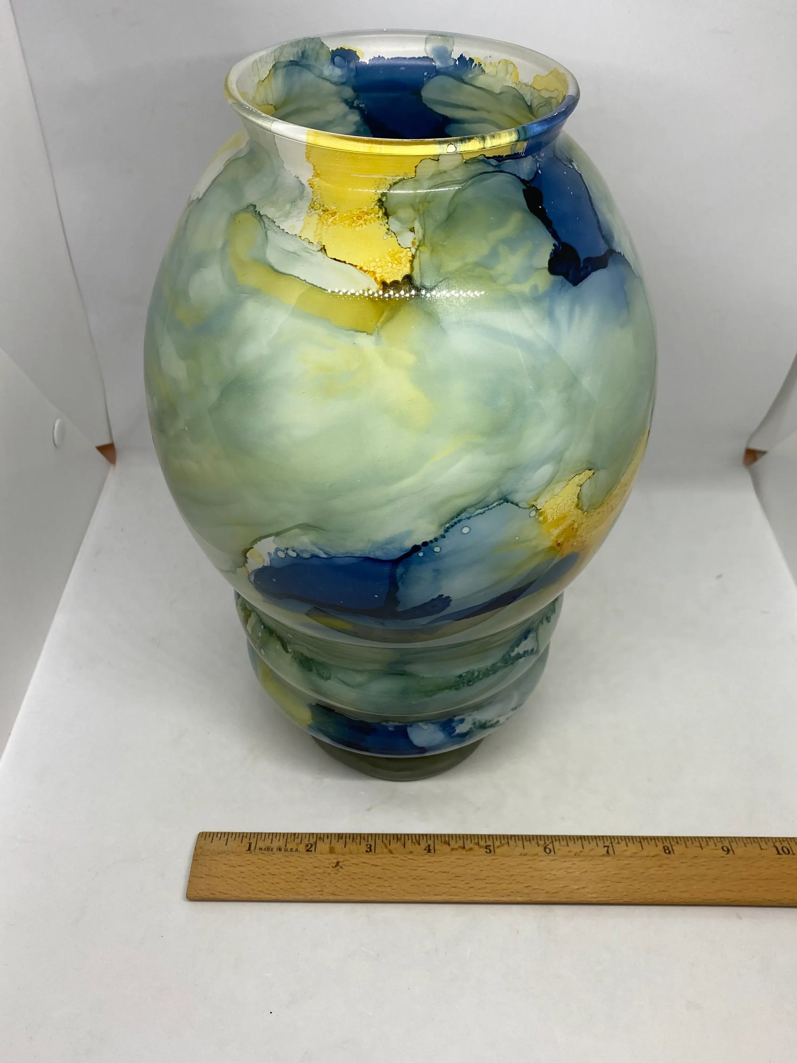 Contemporary Modern Art Glass Vase With Blues Greens and Yellows, Unsigned - 11