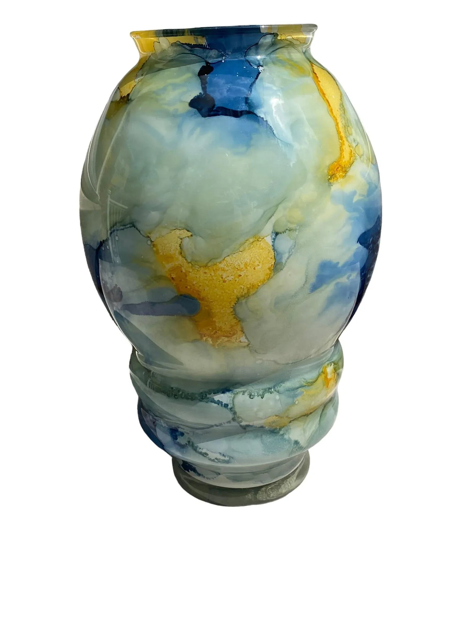 Contemporary Modern Art Glass Vase With Blues Greens and Yellows, Unsigned - 12