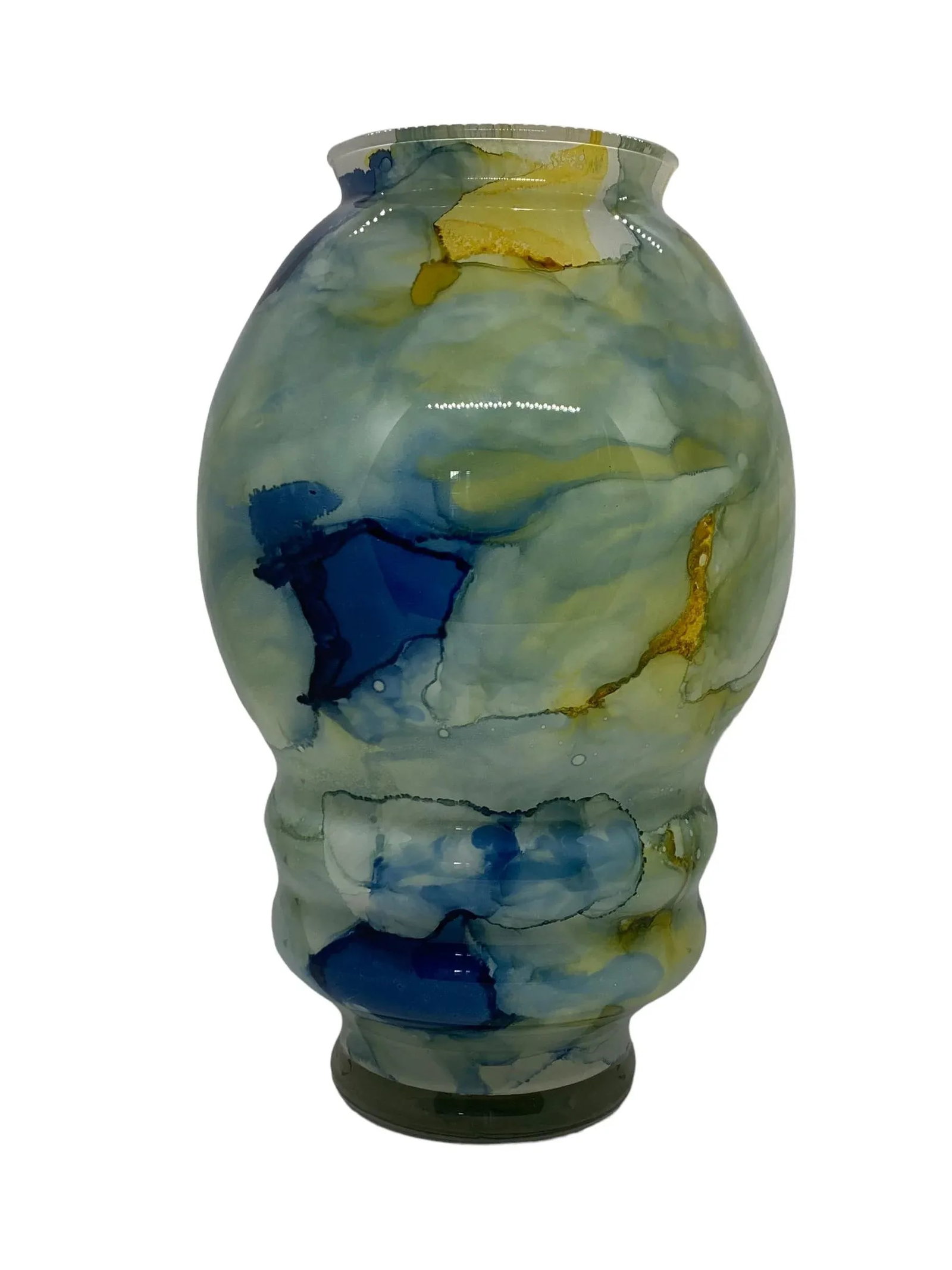 Contemporary Modern Art Glass Vase With Blues Greens and Yellows, Unsigned - 13