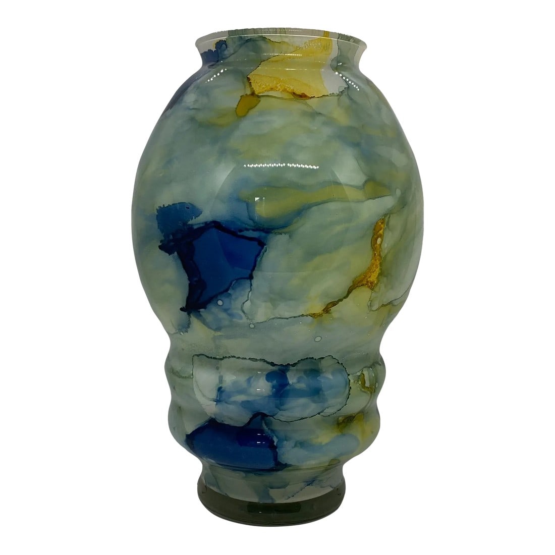 Contemporary Modern Art Glass Vase With Blues Greens and Yellows, Unsigned: Contemporary Modern 11 1/2" Art Glass Vase With Blues, Greens and Yellows Unsigned. Introducing a stunning piece of contemporary art glass that will effortlessly elevate the aesthetic of any space.