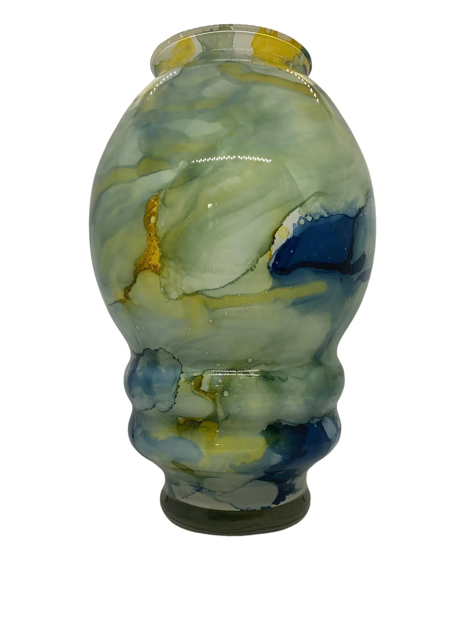 Contemporary Modern Art Glass Vase With Blues Greens and Yellows, Unsigned - 2