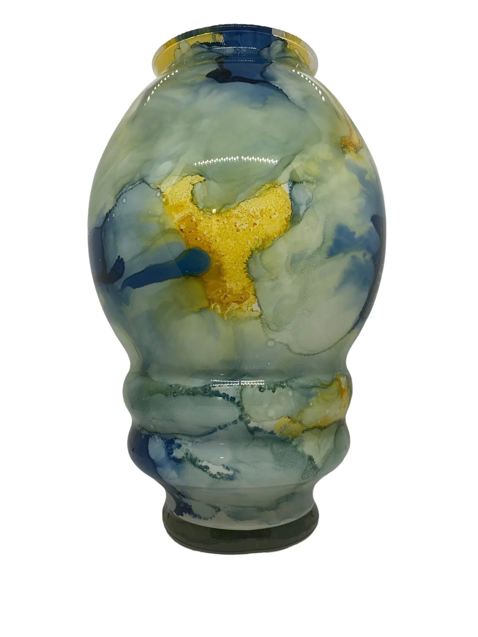 Contemporary Modern Art Glass Vase With Blues Greens and Yellows, Unsigned - 3
