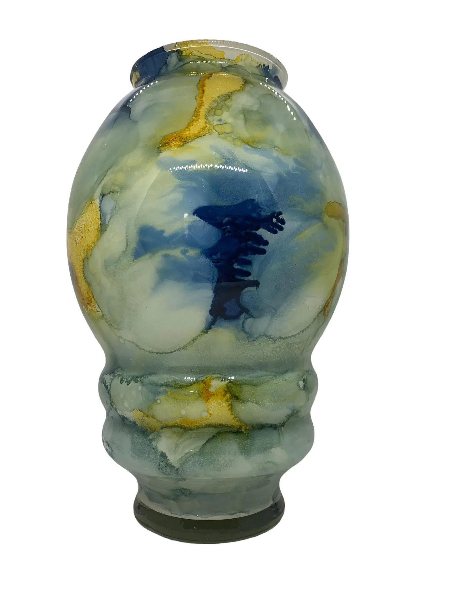 Contemporary Modern Art Glass Vase With Blues Greens and Yellows, Unsigned - 4