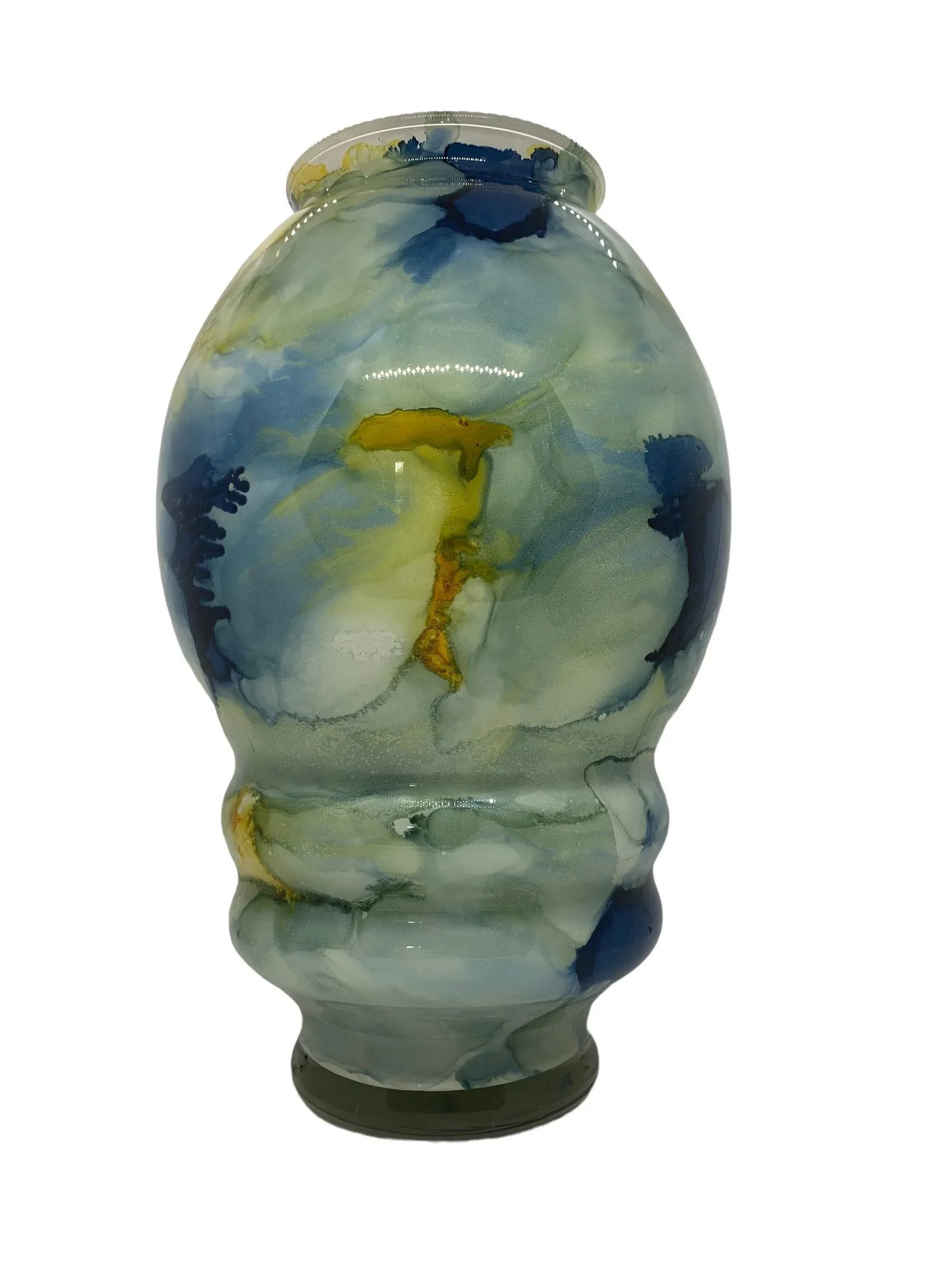 Contemporary Modern Art Glass Vase With Blues Greens and Yellows, Unsigned - 5