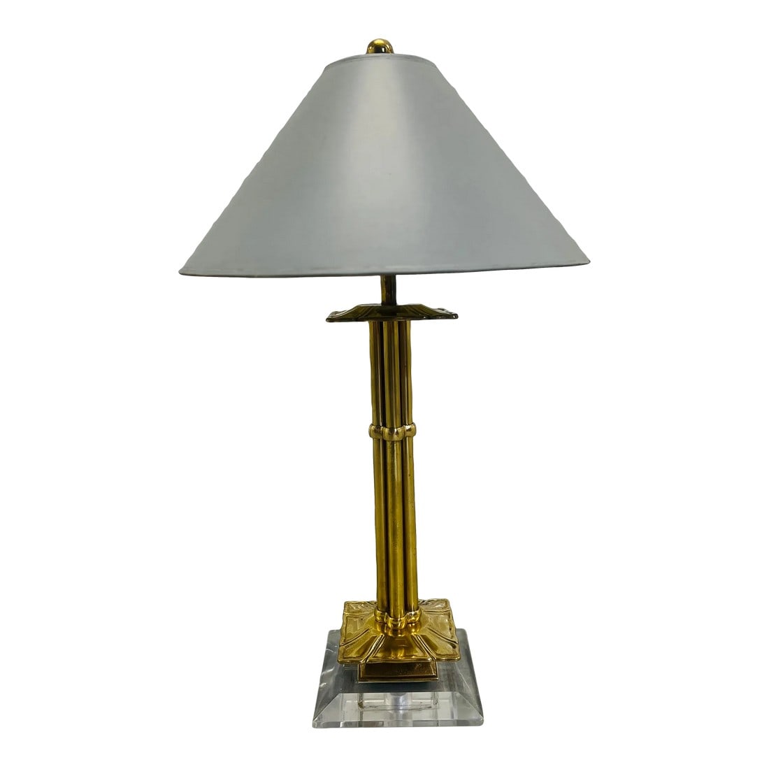 Unique Vintage Mid Century Modern Brass & Lucite Chapman Lamp W/ Original Shade C. 1985: The Unique Vintage Mid Century Modern Brass & Lucite Chapman Lamp is a stunning piece of decor that encapsulates the design aesthetics of the 1980s. This lamp features a of brass and lucite