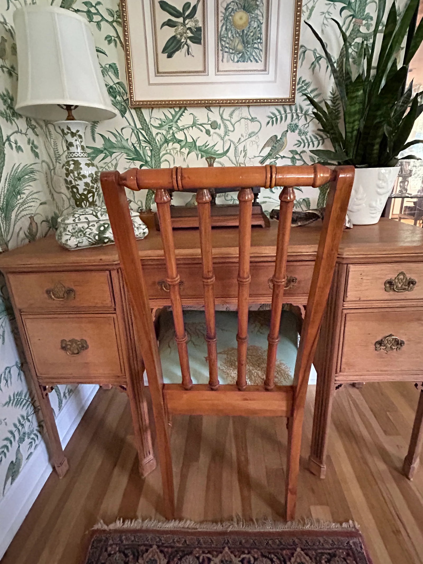 Late 20th Century Faux Bamboo Chinoiserie Lenoir Side Chair With Thibaut "Coral Gables" Upholste - 11