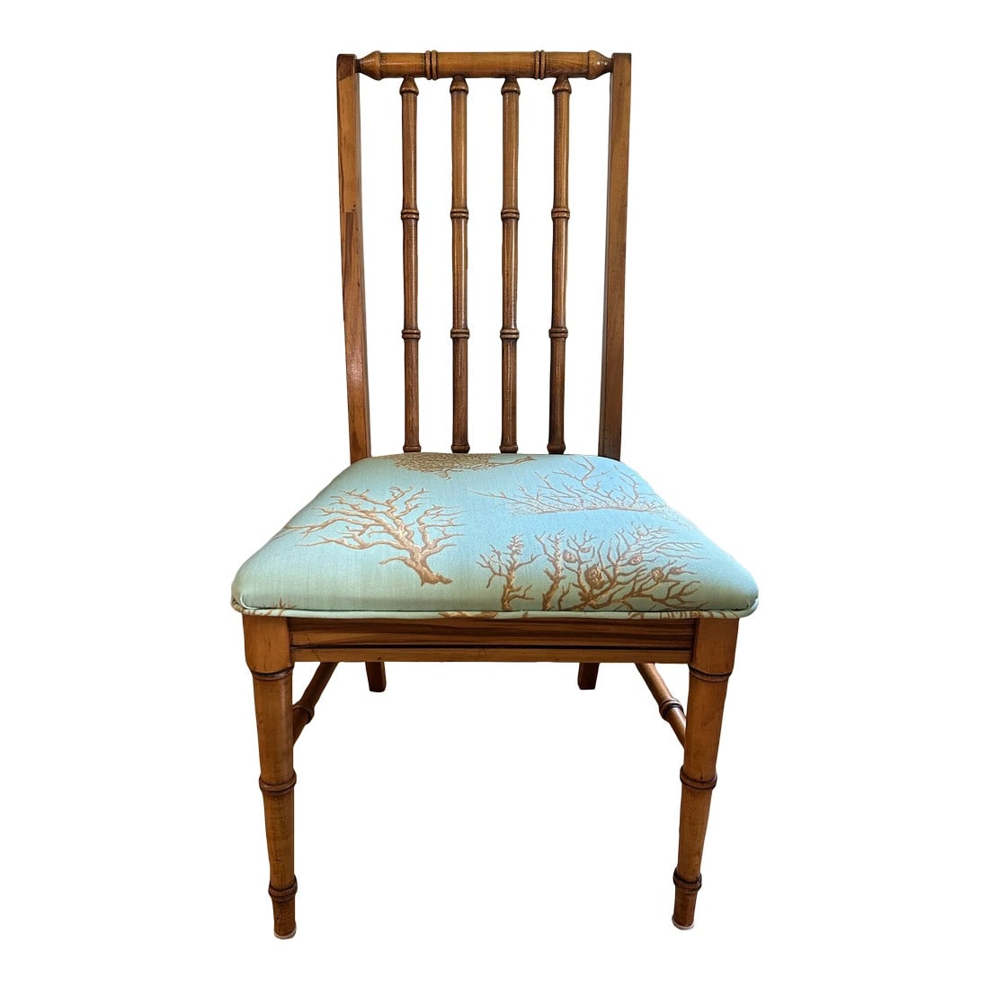 Late 20th Century Faux Bamboo Chinoiserie Lenoir Side Chair With Thibaut "Coral Gables" Upholste: This chair, manufactured by Lenoir, was once part of a set of dining chairs ( 1970's - 1980's ) and now serves nicely as a desk chair or for extra seating. The faux bamboo finish is a light color stai