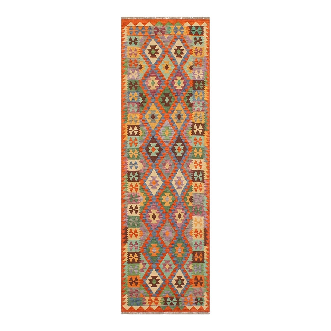 Rustic Kilim Blue Rust Hand Woven Rug - 2'8" X 9'9": Add a touch of elegance to your home with this casual chic hand woven Tribal Kilim wool rug. Constructed on a loom by Nomad Turkman people with hand-spun wool and 100% Natural Vegetable dyes these