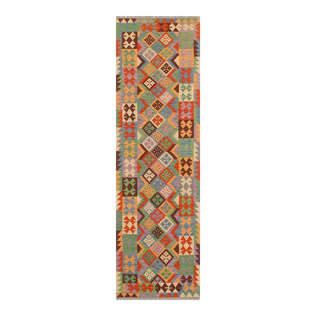 Boho Chic Kilim Gray Rust Hand Woven Rug - 2'9" X 9'7": Add a touch of elegance to your home with this casual chic hand woven Tribal Kilim wool rug. Constructed on a loom by Nomad Turkman people with hand-spun wool and 100% Natural Vegetable dyes these bea