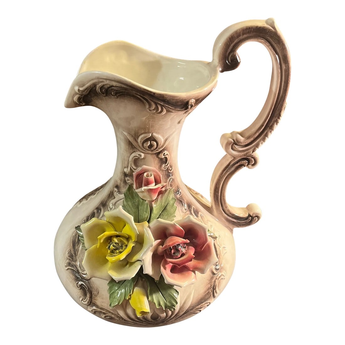 Mid 20th Century Capodimonte Porcelain Pitcher: Exquisite piece with fine hand crafted detail. Condition: Alterations: Original Condition Unaltered Imperfections: Some Imperfections Condition Notes: Good condition, no chips or cracks observed. Dime