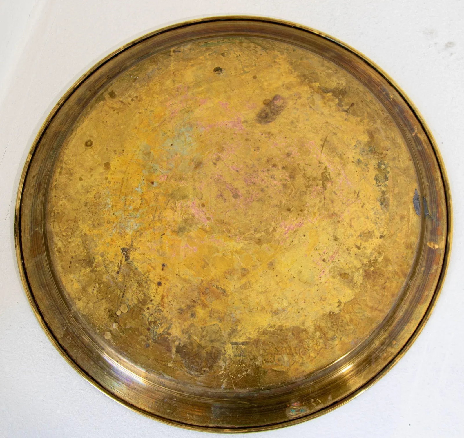 Antique Egyptian Round Brass Tray With Silver and Copper Overlay 17.25 Inches - 11