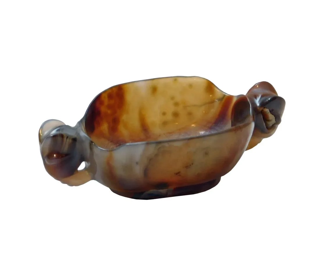Hand Carved Ancient Style Natural Agate Stone Twin Elephant Head Wine Cup - 3