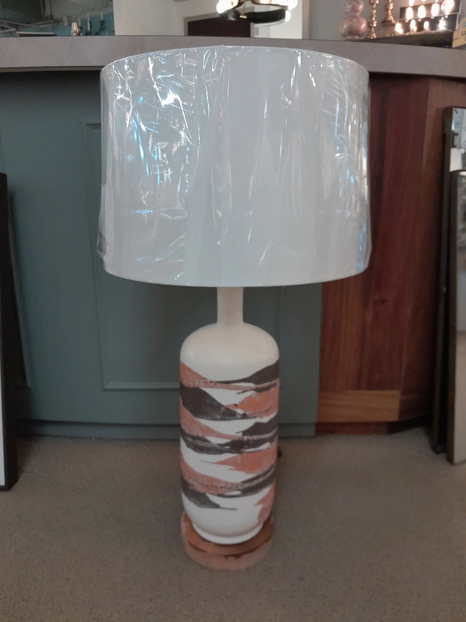 1960s Large Vintage Haeger Pottery Orange Peel Earthenware Pottery Lamp With Silk Drum Shade - 11