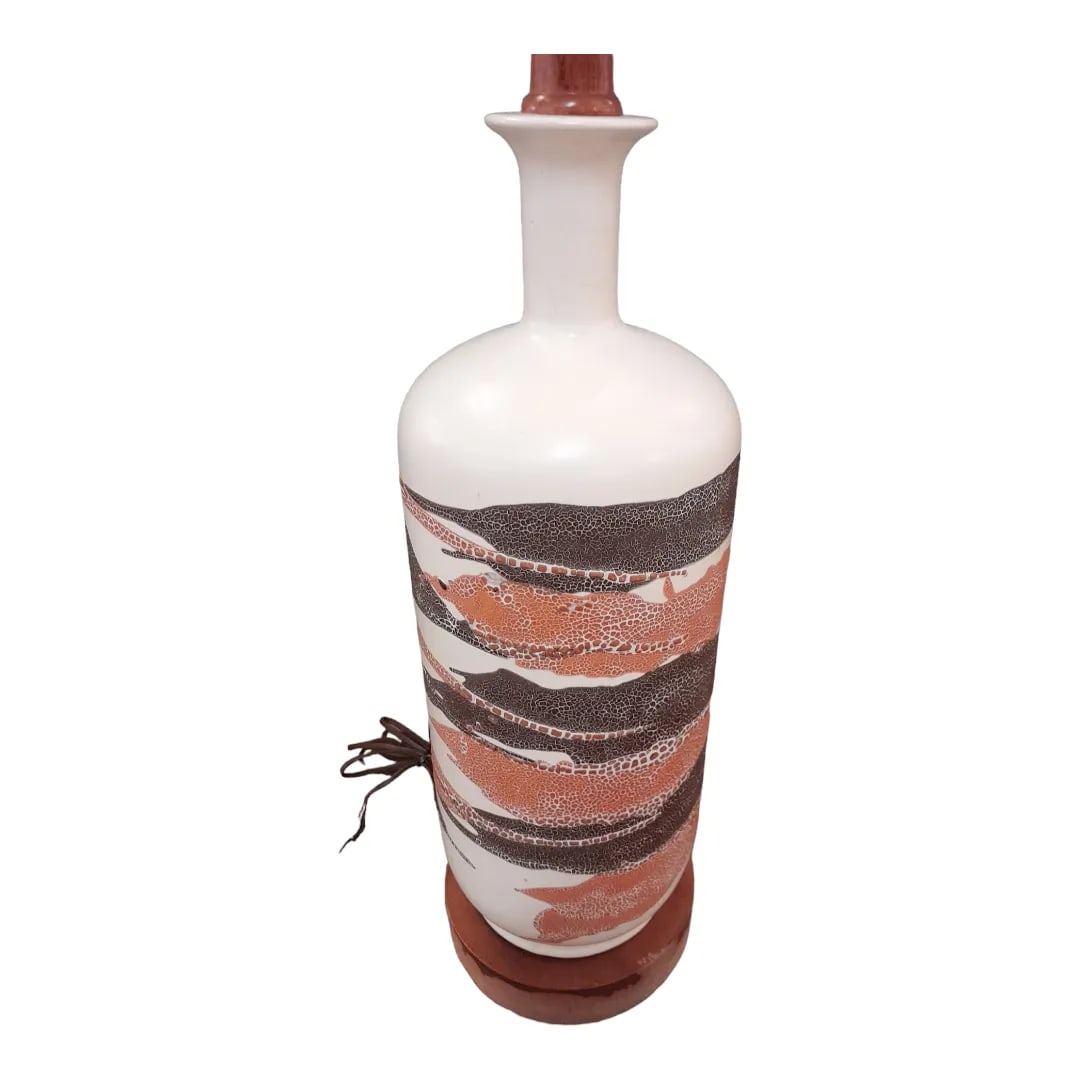1960s Large Vintage Haeger Pottery Orange Peel Earthenware Pottery Lamp With Silk Drum Shade - 4