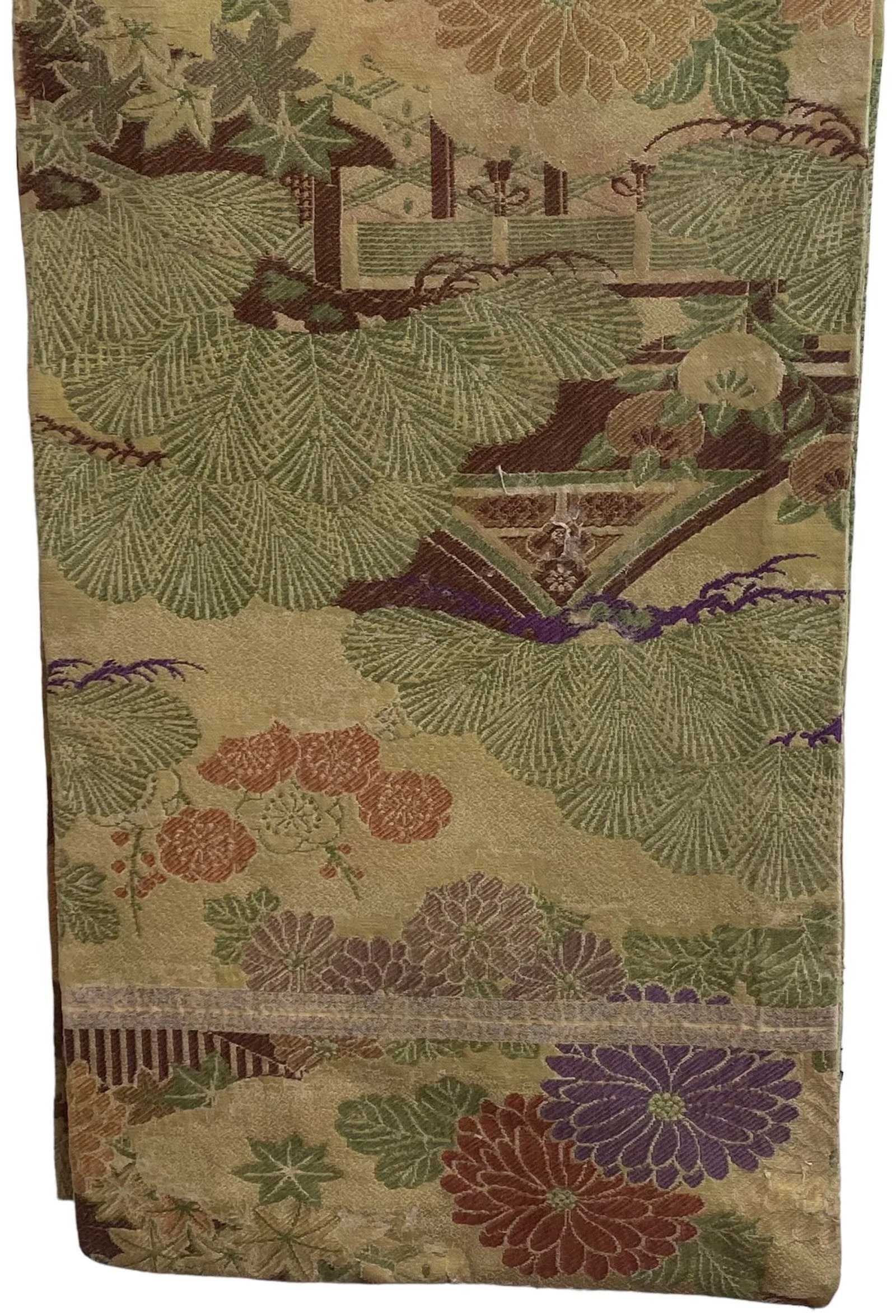 Antique Japanese Maru Silk & Wool Obi With Multicolored Peonies & Minka Landscape Design - 10