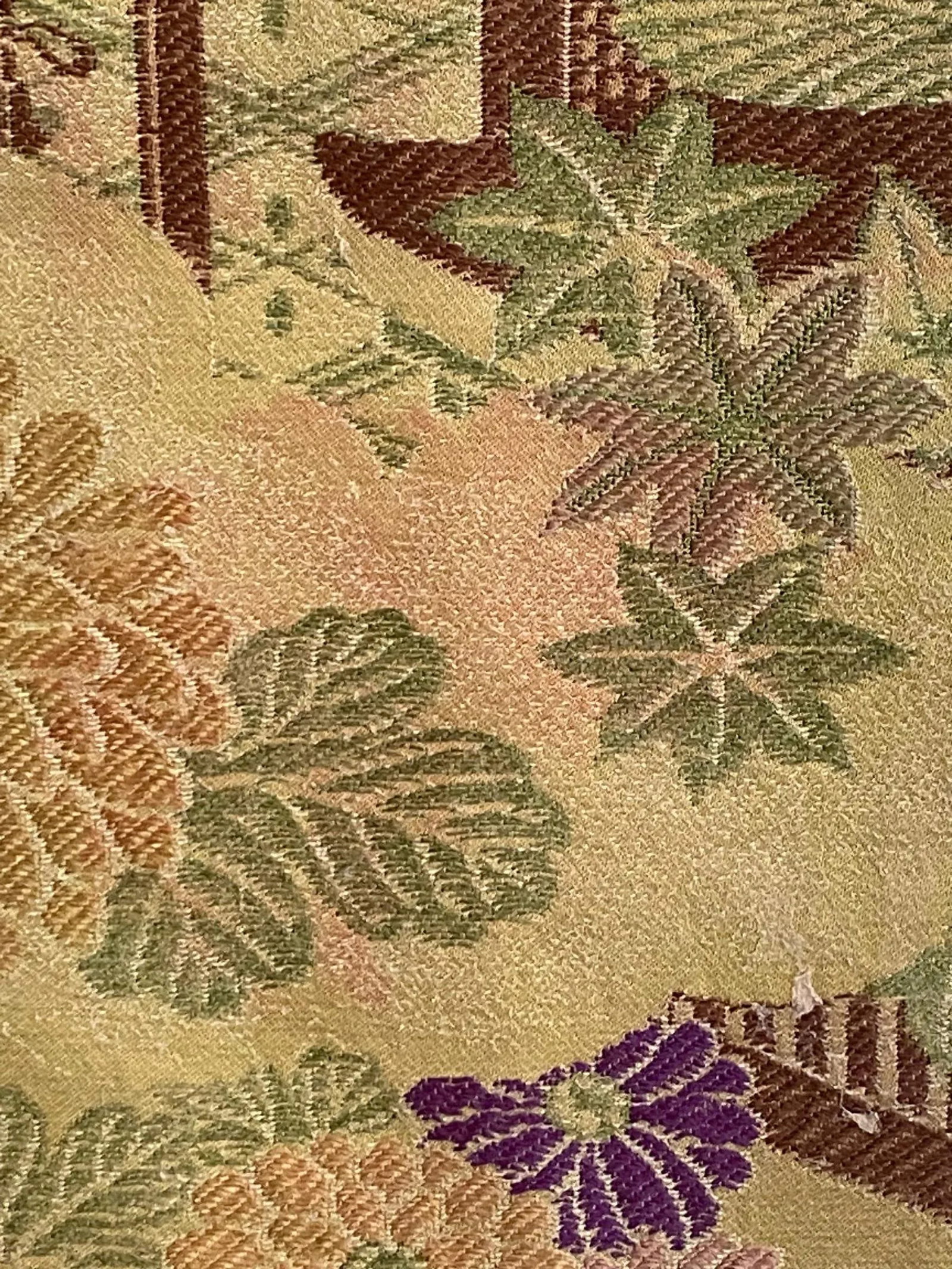 Antique Japanese Maru Silk & Wool Obi With Multicolored Peonies & Minka Landscape Design - 11