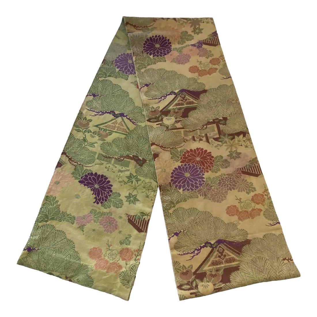 Antique Japanese Maru Silk & Wool Obi With Multicolored Peonies & Minka Landscape Design: Magnificent Antique Japanese Maru Silk and Wool Obi with Multicolored Peonies & Minka Landscape Design. Enhance your collection with this exquisite Antique Japanese Maru Silk & Wool Obi featuring a st