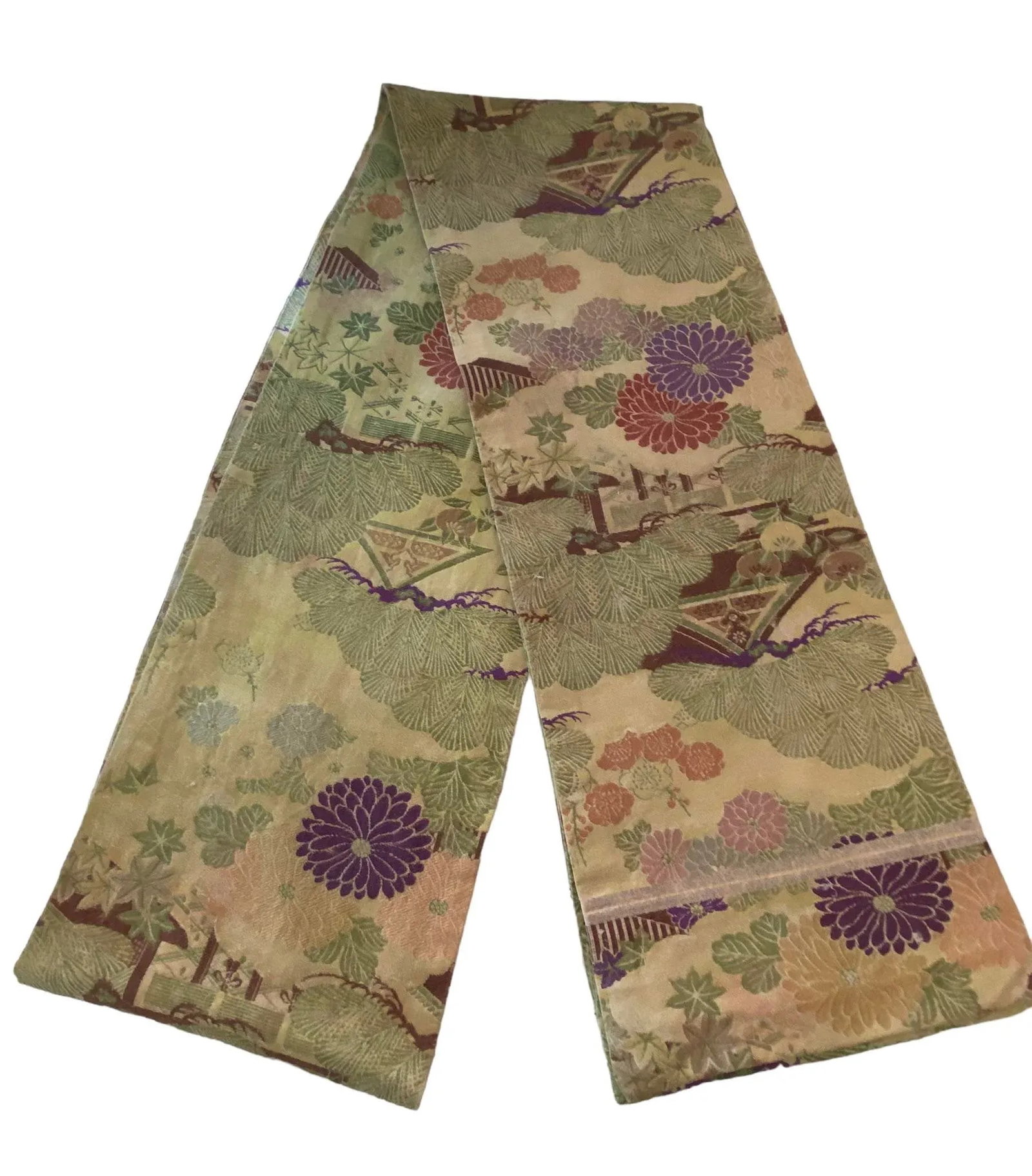 Antique Japanese Maru Silk & Wool Obi With Multicolored Peonies & Minka Landscape Design - 2