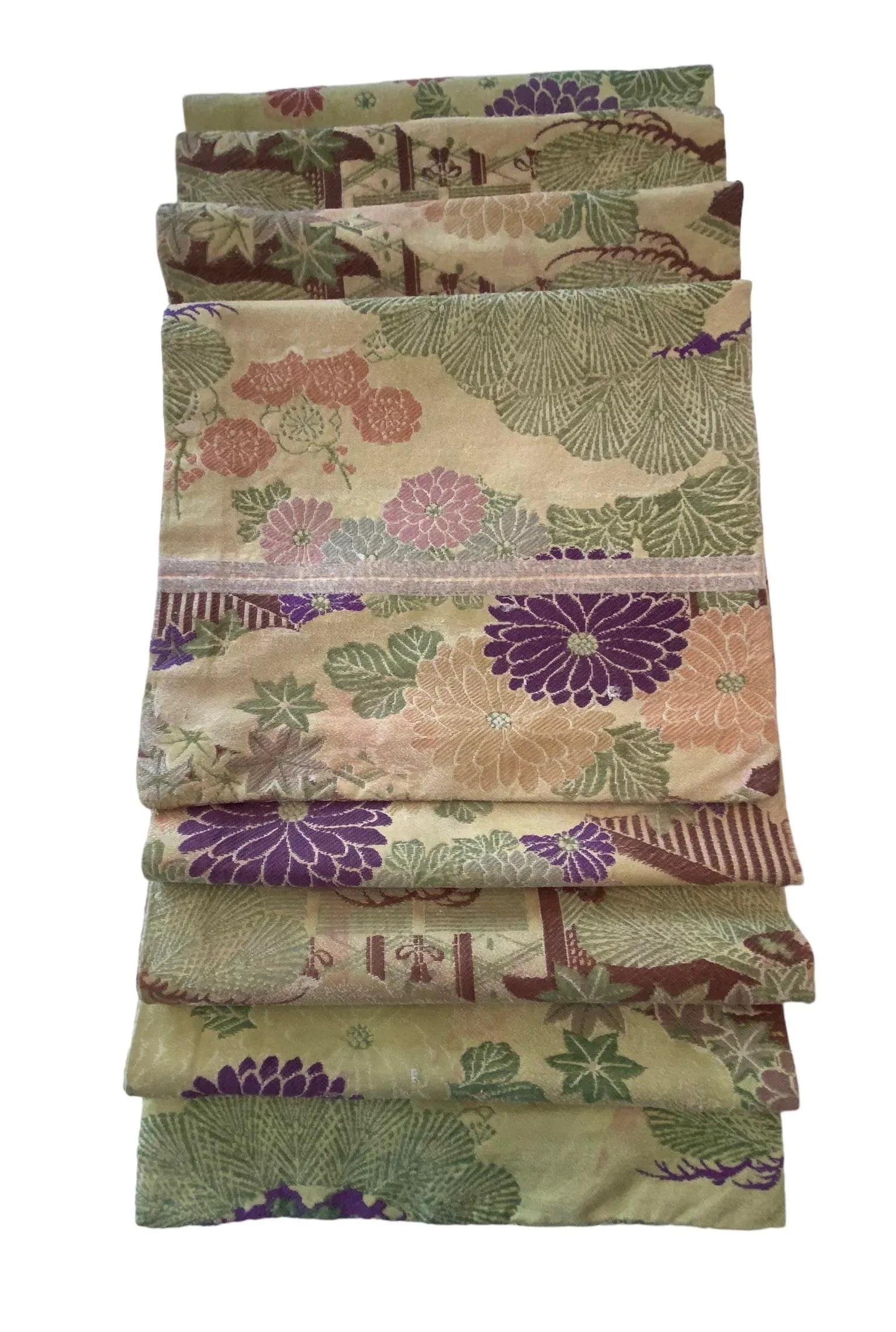 Antique Japanese Maru Silk & Wool Obi With Multicolored Peonies & Minka Landscape Design - 3