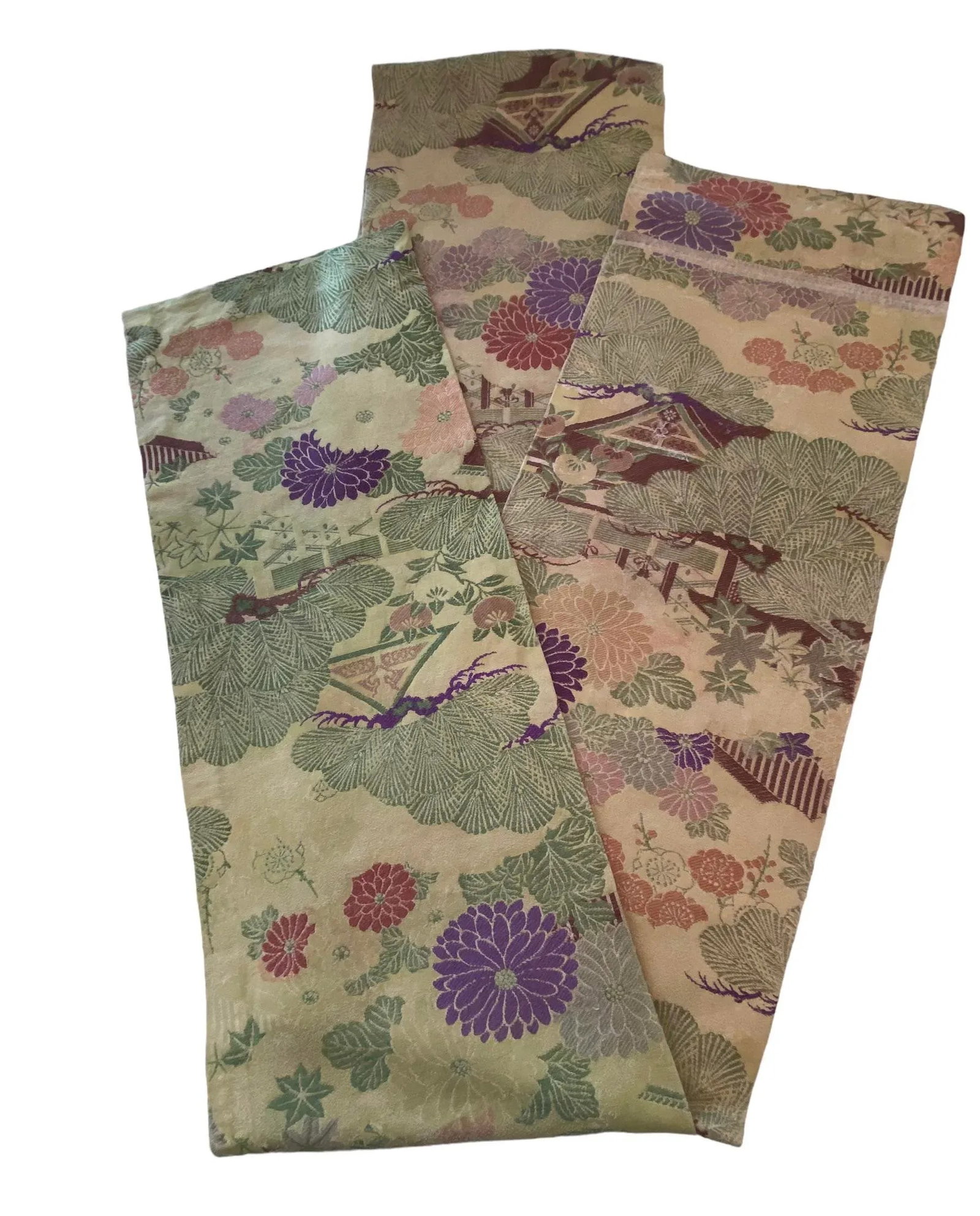 Antique Japanese Maru Silk & Wool Obi With Multicolored Peonies & Minka Landscape Design - 4