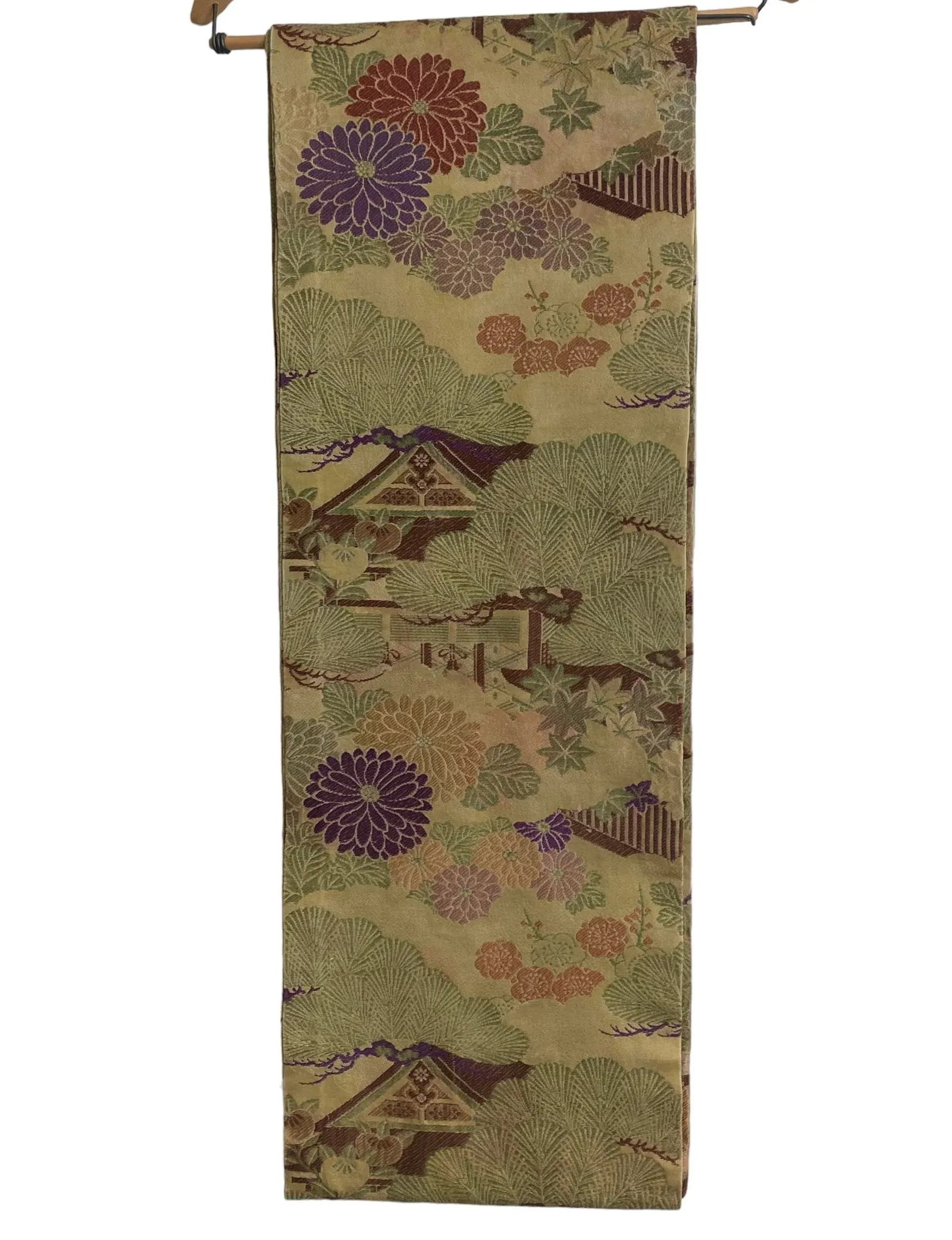 Antique Japanese Maru Silk & Wool Obi With Multicolored Peonies & Minka Landscape Design - 5