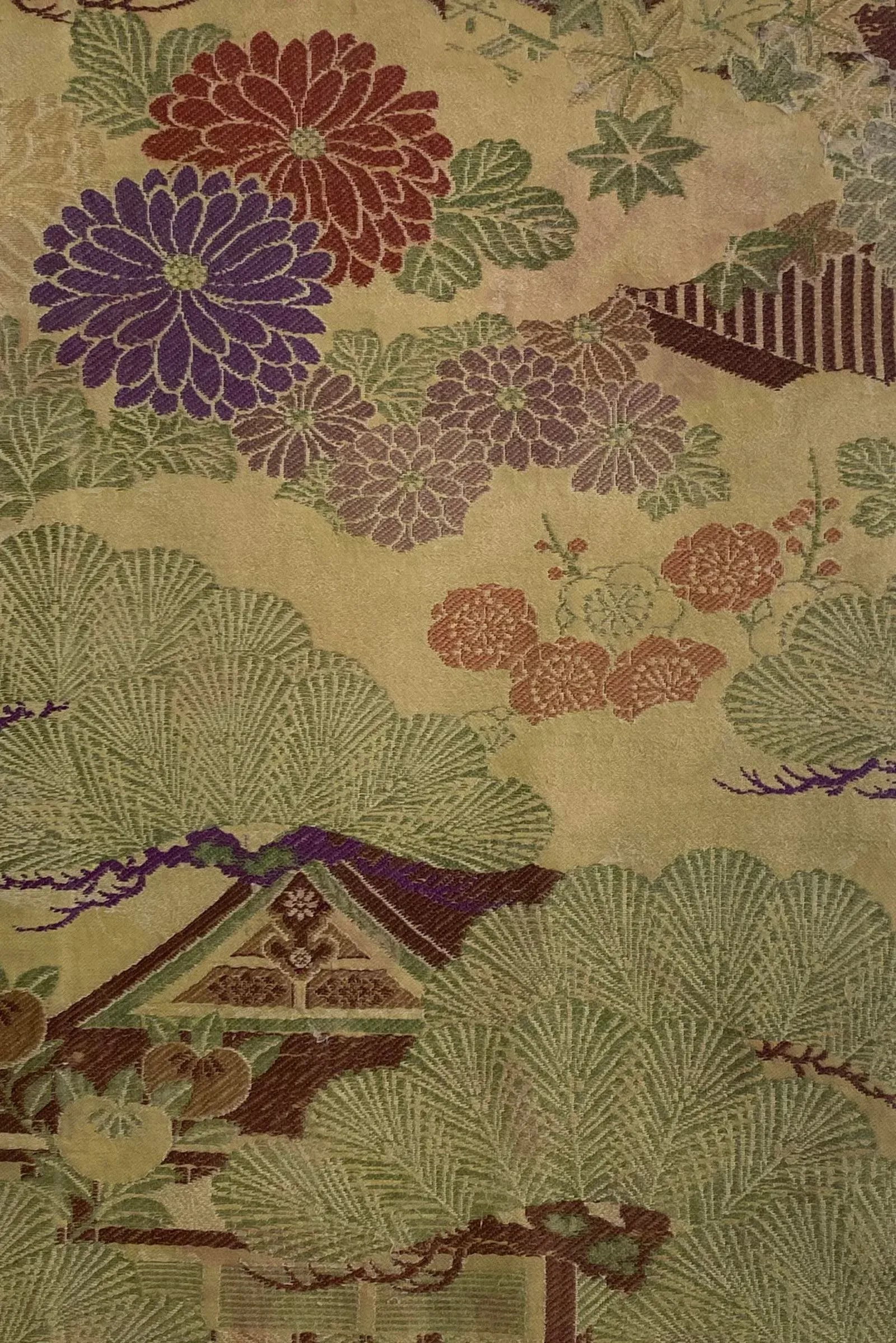 Antique Japanese Maru Silk & Wool Obi With Multicolored Peonies & Minka Landscape Design - 6