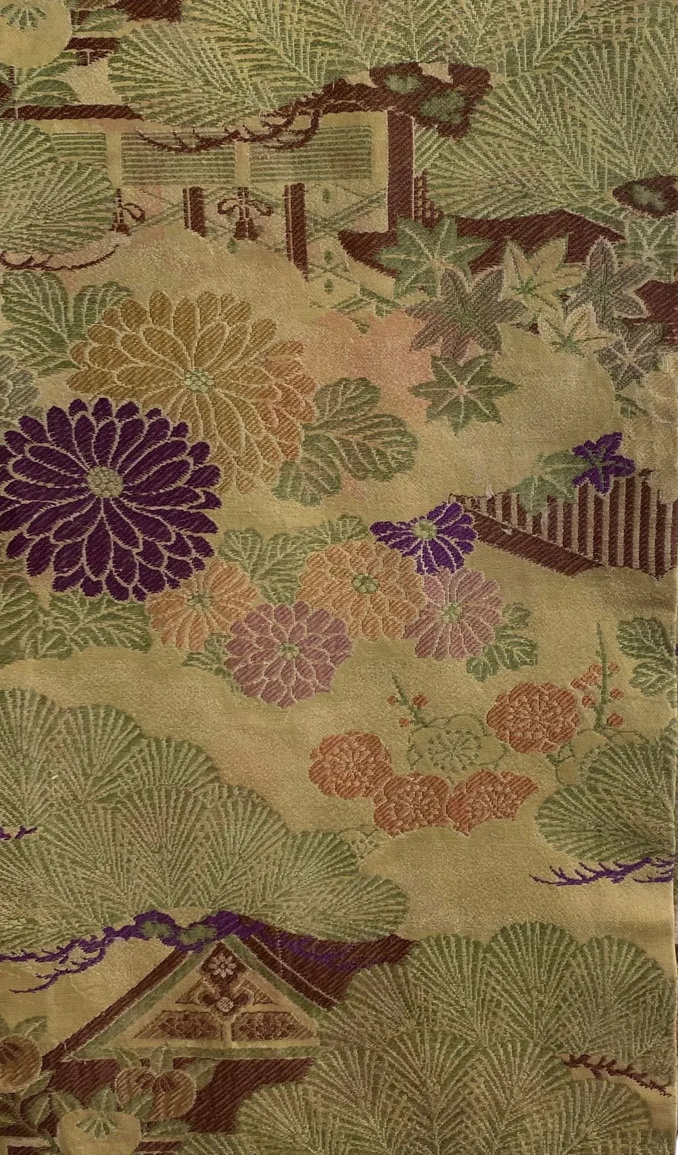 Antique Japanese Maru Silk & Wool Obi With Multicolored Peonies & Minka Landscape Design - 7