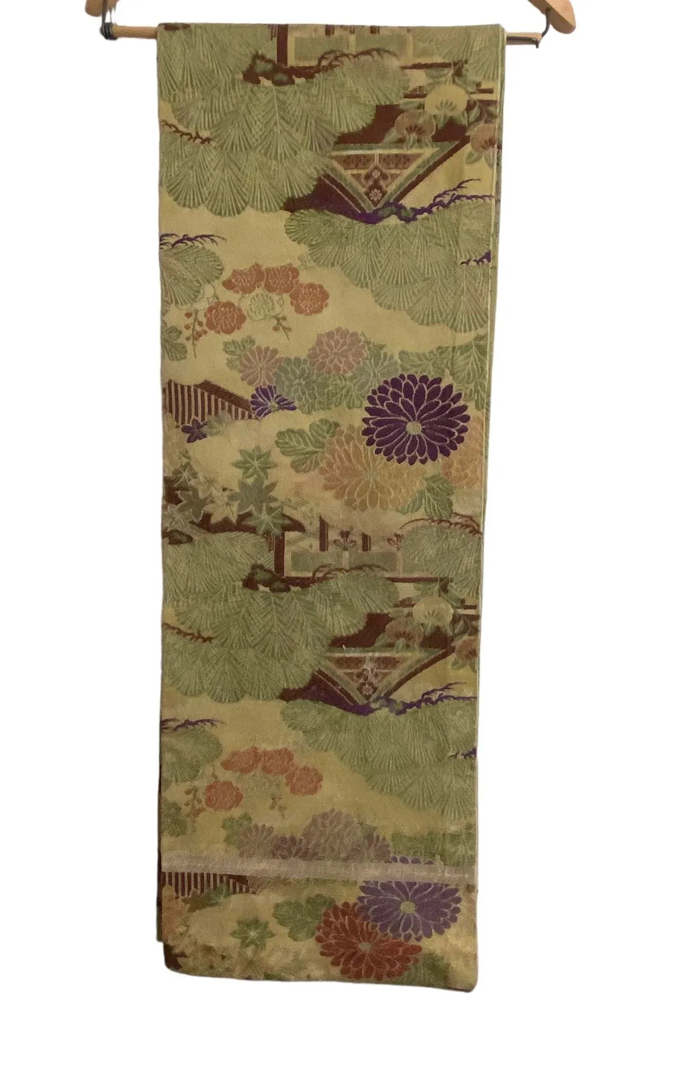 Antique Japanese Maru Silk & Wool Obi With Multicolored Peonies & Minka Landscape Design - 8