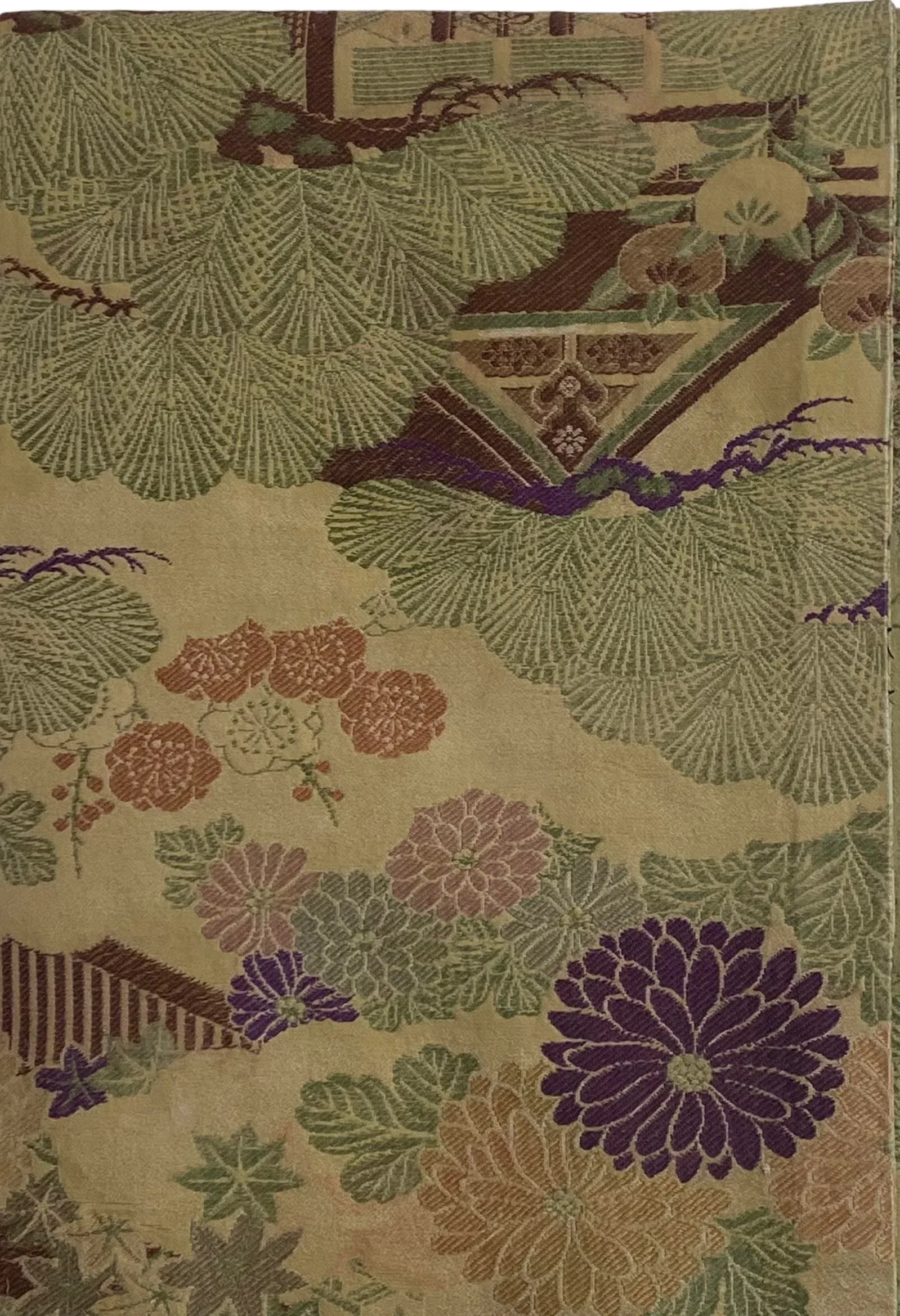 Antique Japanese Maru Silk & Wool Obi With Multicolored Peonies & Minka Landscape Design - 9