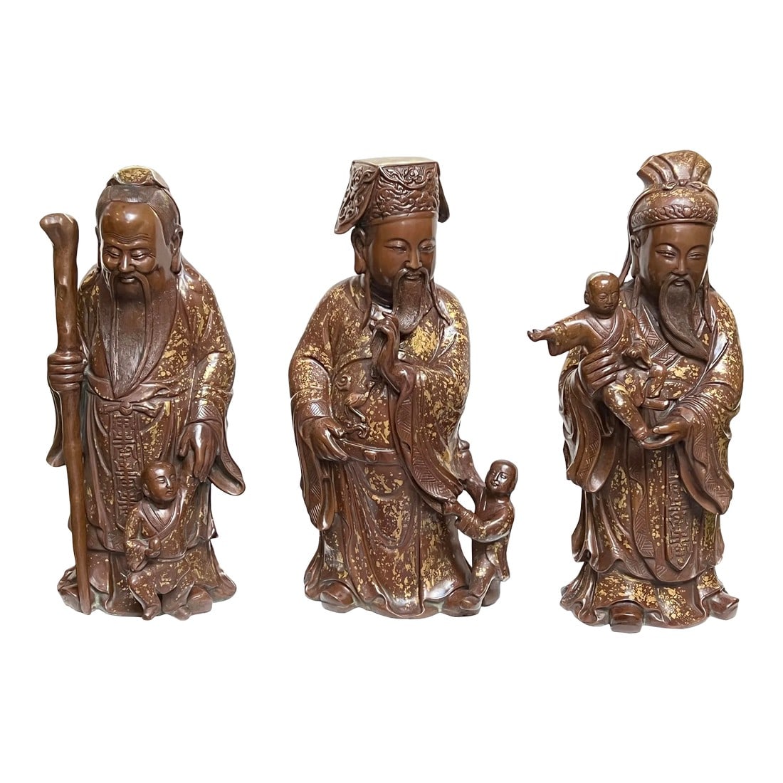 Chinese Fine Bronze Metal SanXing ( 3 Deities ) Fu Lu Shou Statue Set (1 of 9)