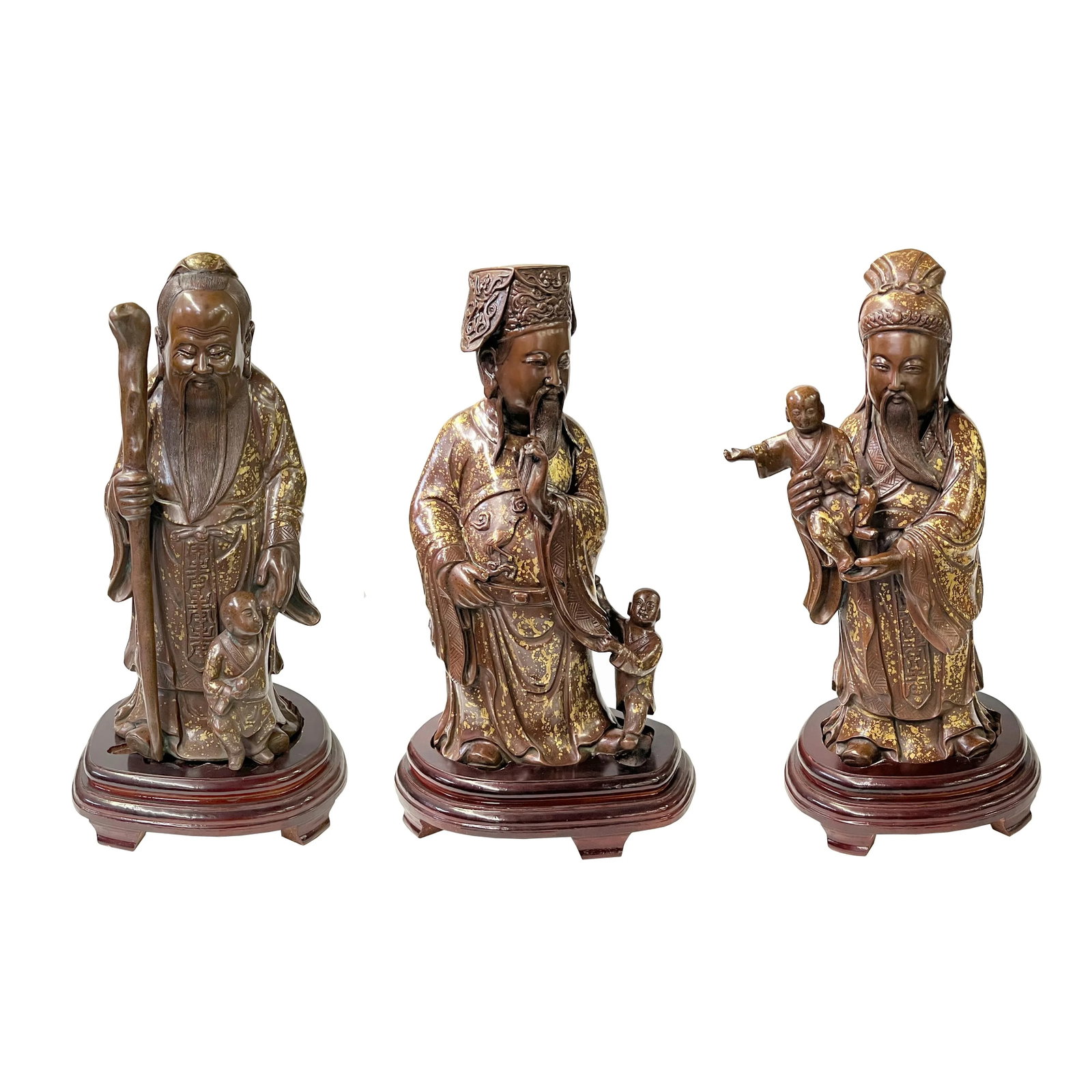 Chinese Fine Bronze Metal SanXing ( 3 Deities ) Fu Lu Shou Statue Set - 2