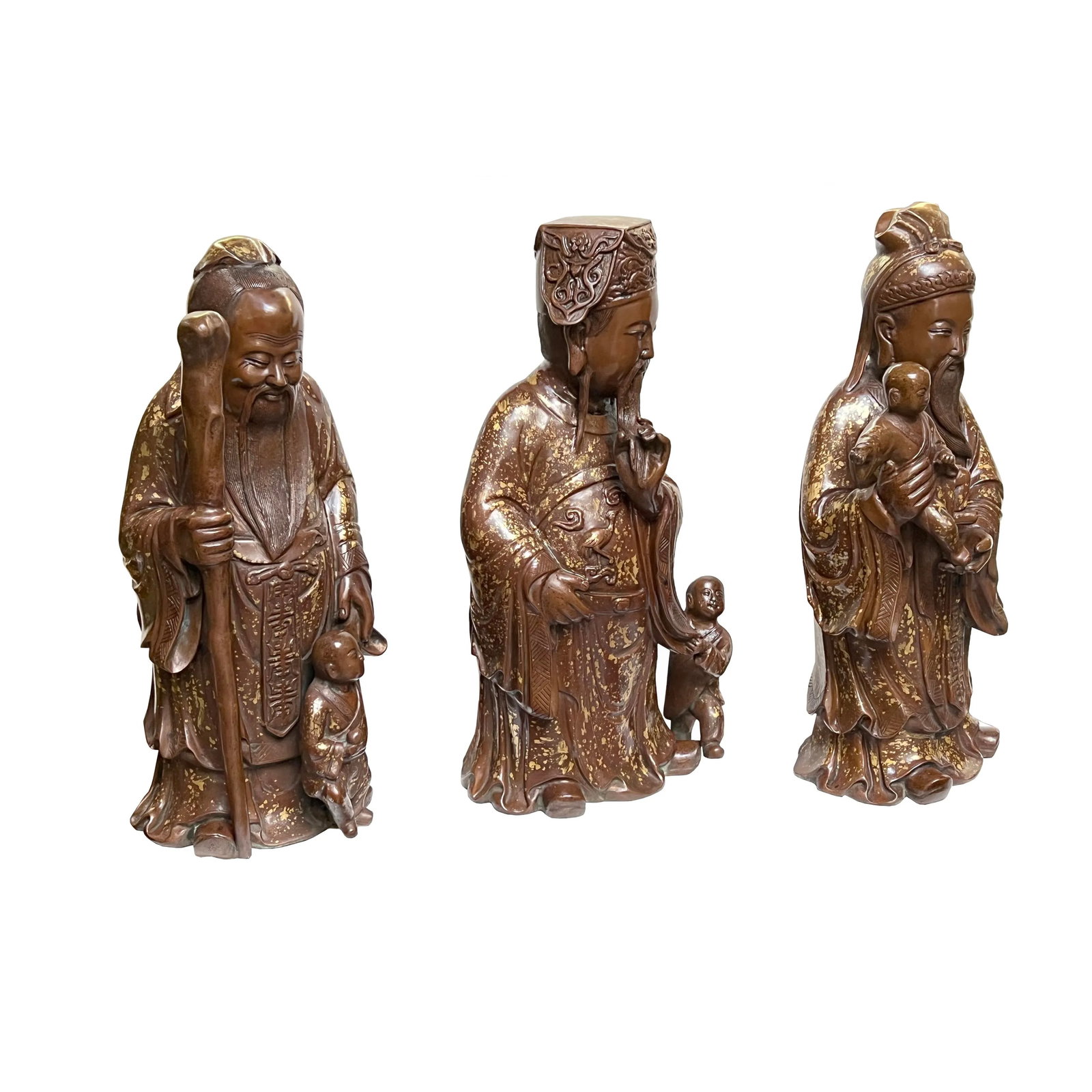 Chinese Fine Bronze Metal SanXing ( 3 Deities ) Fu Lu Shou Statue Set - 4