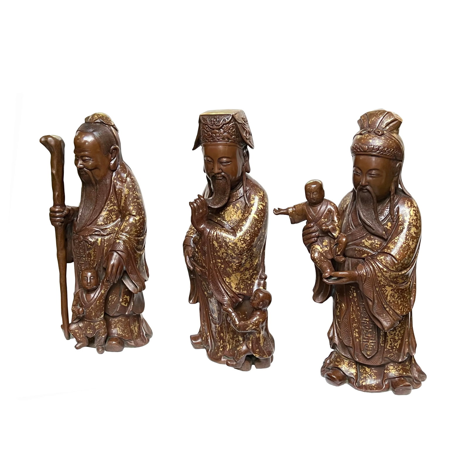 Chinese Fine Bronze Metal SanXing ( 3 Deities ) Fu Lu Shou Statue Set - 5