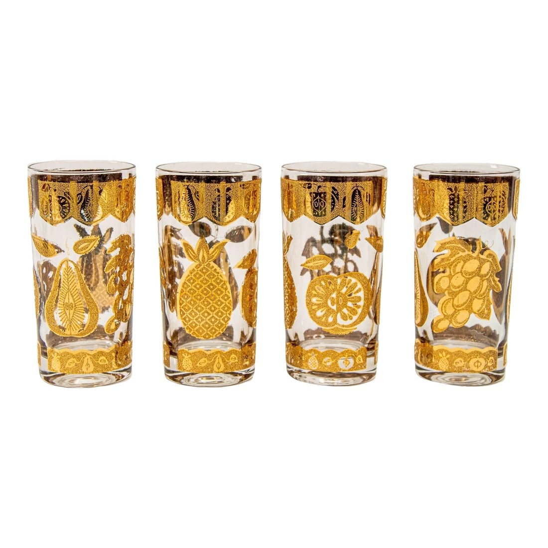 1960s Culver Cocktail Glasses With 22-Karat Gold Florentine Pattern Set of Four: 1960s Culver Cocktail Glasses with 22-Karat Gold Florentine Pattern Set of Four. Elegant vintage midcentury Culver barware glasses with a gold leaf finish. Vintage Culver Florentine pattern cocktail g