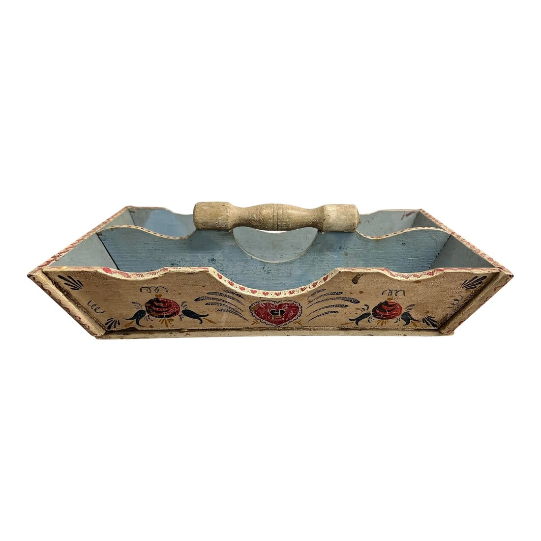 Fantastic American Paint Decorated Folk Art Cutlery Tray - Circa 1845: American, circa 1845. One of the finest quality folk art cutlery trays on the market. Not only does this piece have its original robin's egg blue paint to interior and underside, but it also has a
