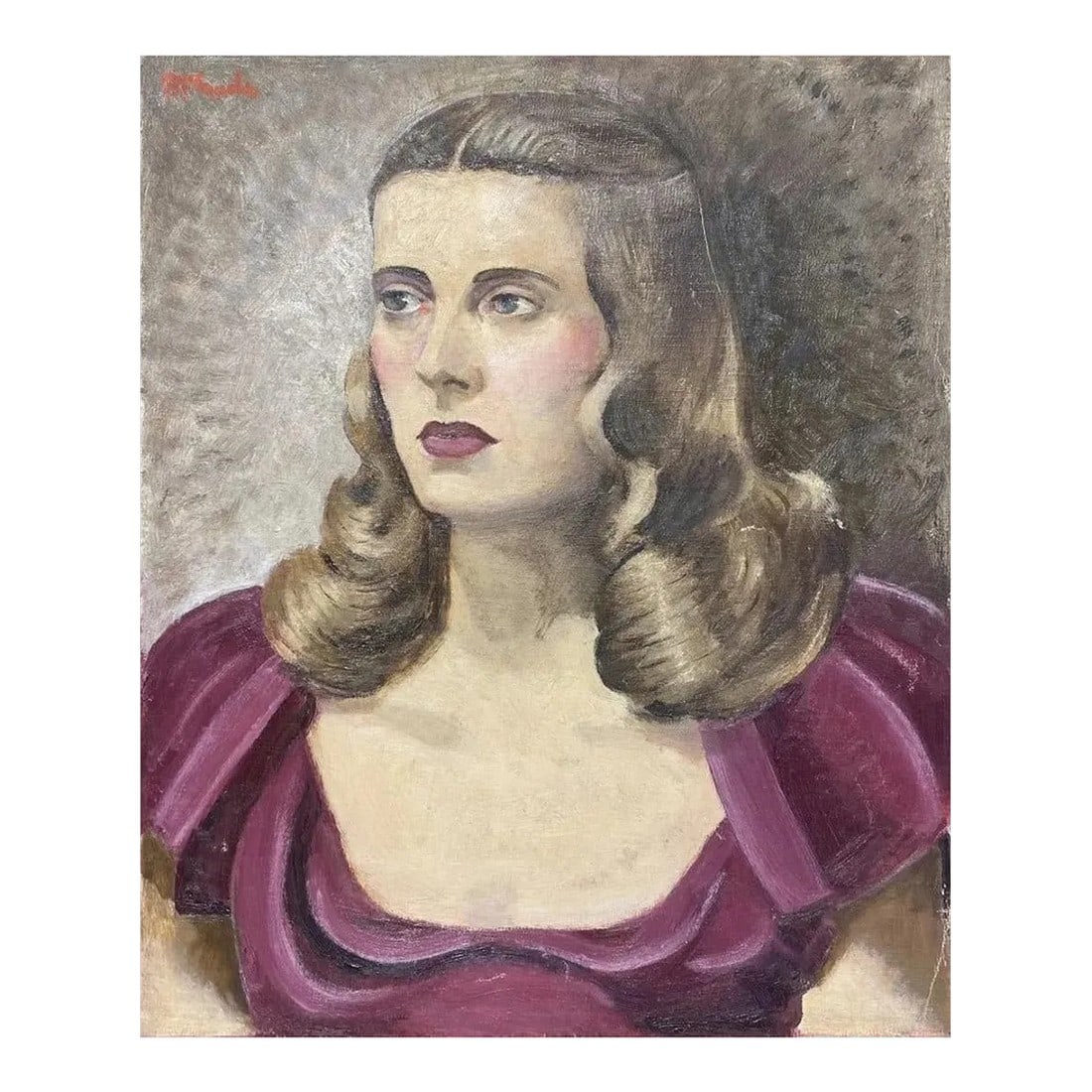 Vintage 1940s Portrait Painting of Woman in Purple Dress: Vintage circa 1940's oil on canvas portrait painting of woman in purple dress by Lawrence McConaha (1894 - 1962) Indiana. Signed upper left. Unframed, not on stretchers, it is a flat canvas, edge