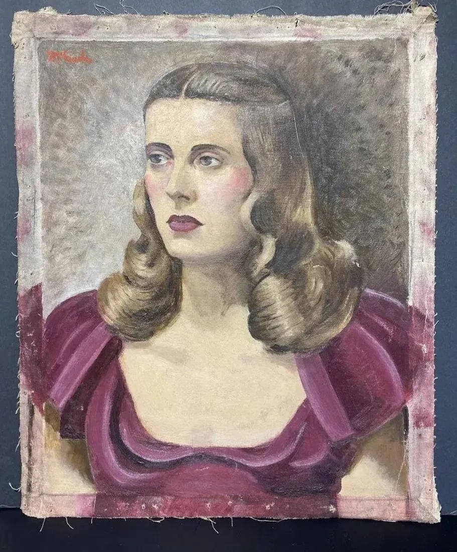 Vintage 1940s Portrait Painting of Woman in Purple Dress - 4