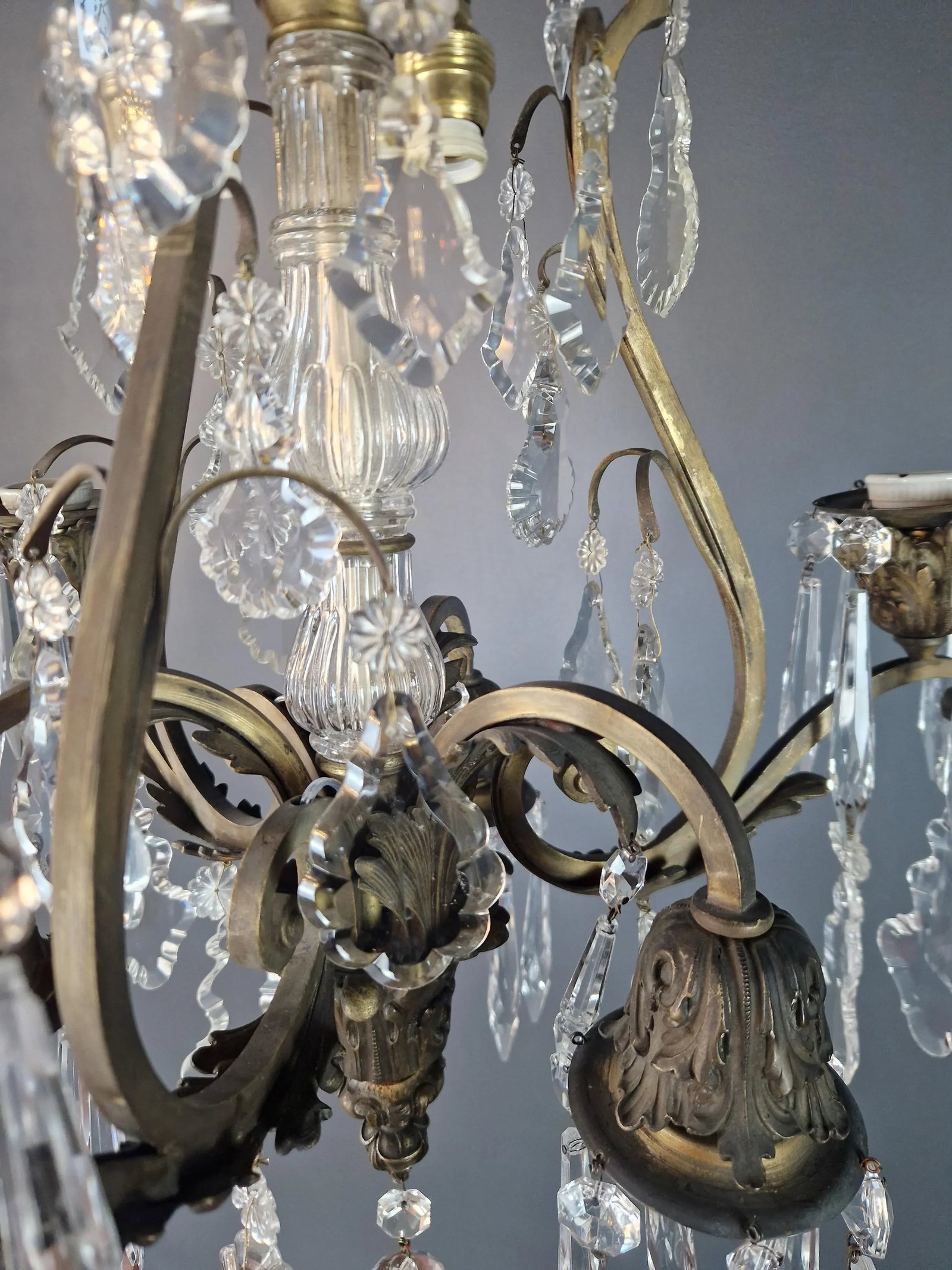 1930s Art Nouveau Art Deco Brass Crystal Chandelier - 10
