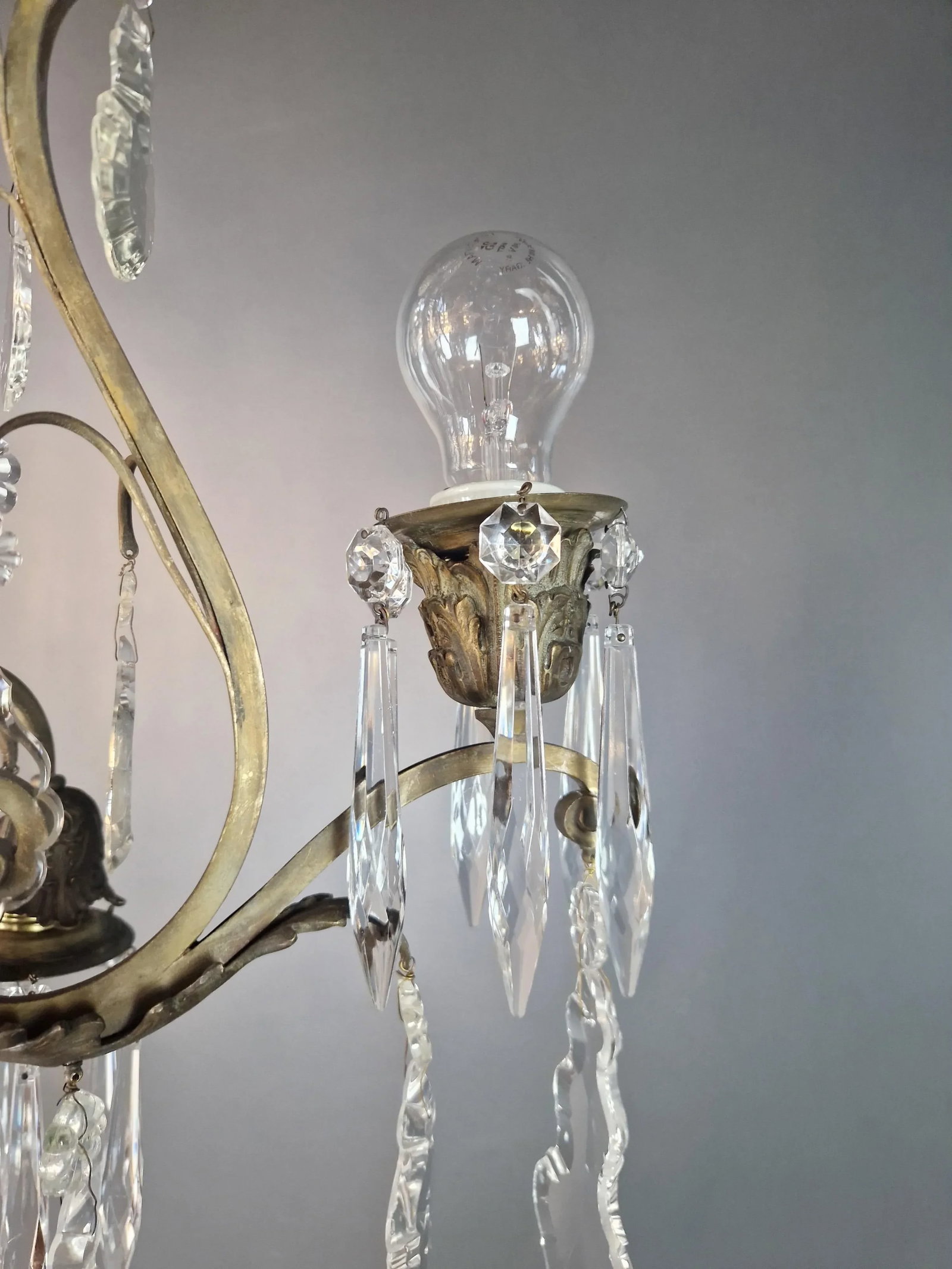 1930s Art Nouveau Art Deco Brass Crystal Chandelier - 11