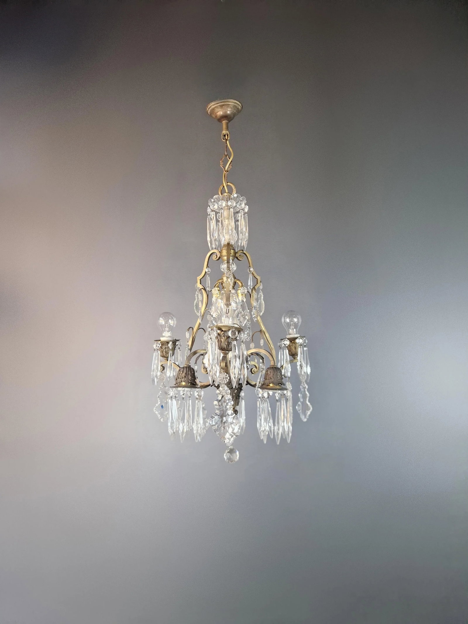 1930s Art Nouveau Art Deco Brass Crystal Chandelier - 2
