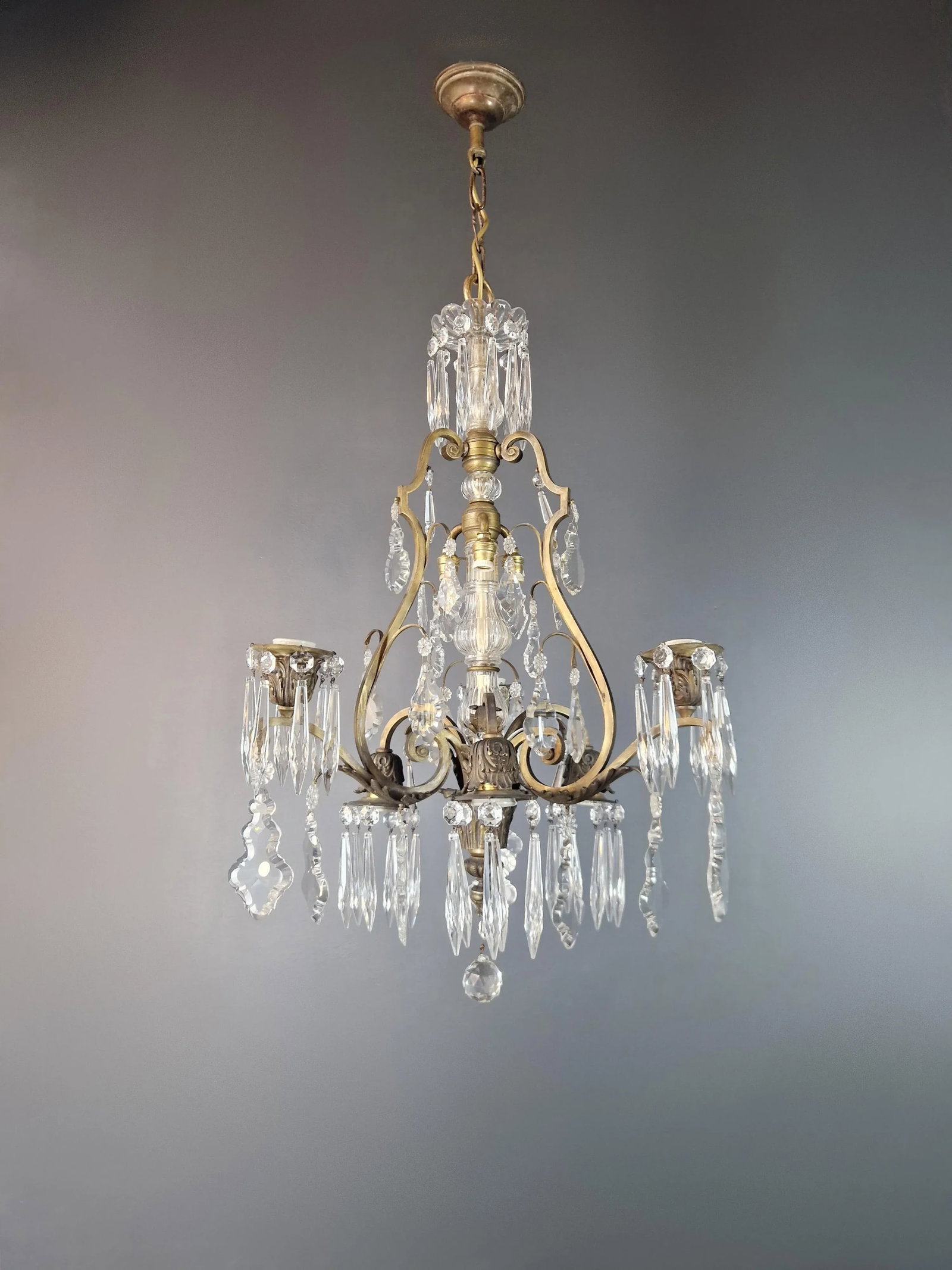 1930s Art Nouveau Art Deco Brass Crystal Chandelier - 3